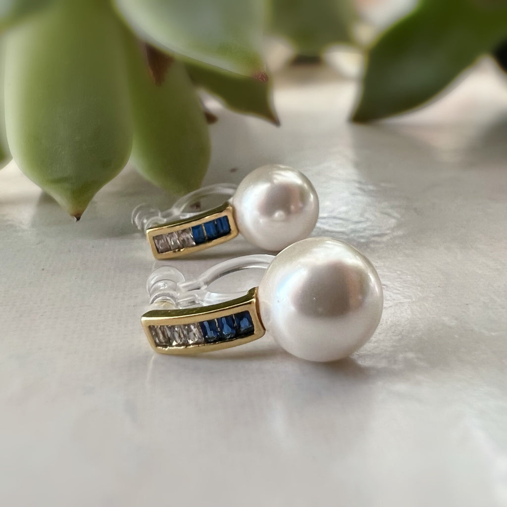 Invisible CLIPS earrings Gold Bar Mini transparent navy blue rectangle zircon, white pearl, Delicate ear clips.