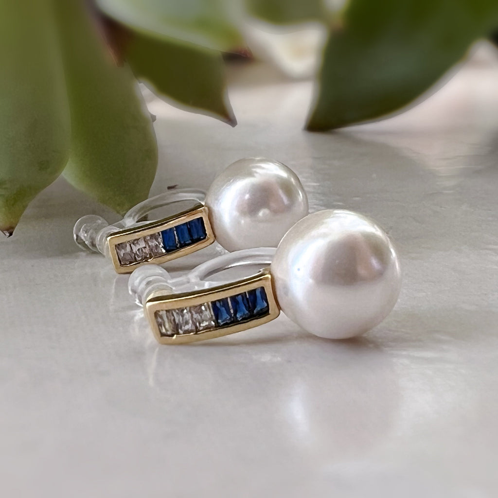 Invisible CLIPS earrings Gold Bar Mini transparent navy blue rectangle zircon, white pearl, Delicate ear clips.
