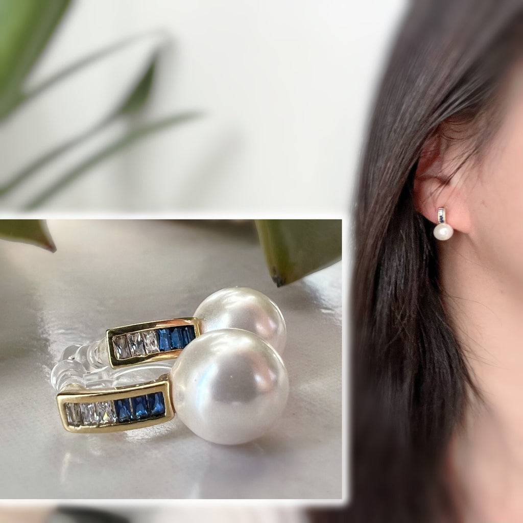 Invisible CLIPS earrings Gold Bar Mini transparent navy blue rectangle zircon, white pearl, Delicate ear clips.