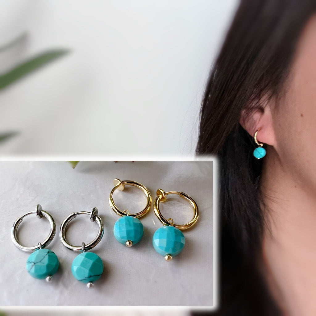 2-EN-1 Boucles d'oreilles CLIPS pendantes perles facettes turquoises Créoles Or / Argent. Clips d'oreilles discrètes oreilles non percées