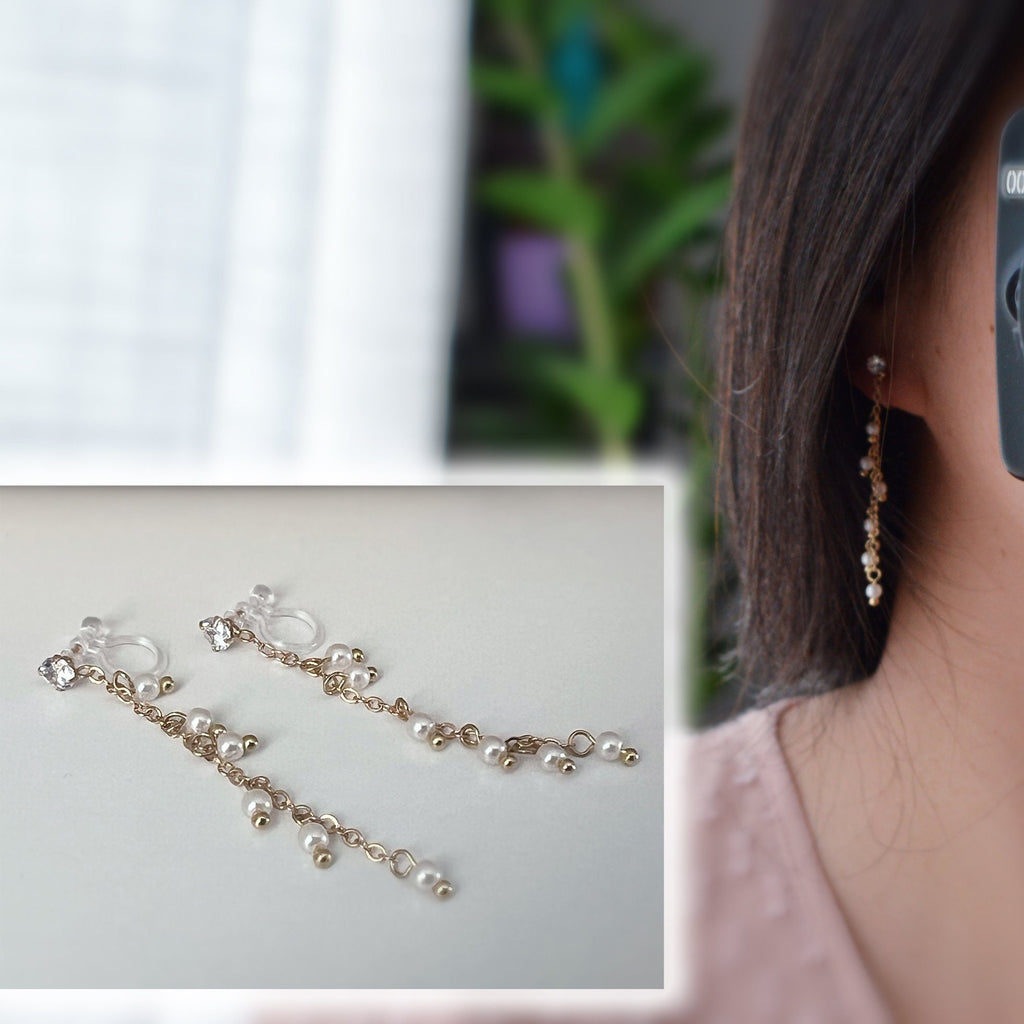 INVISIBLE clip earrings, mini zircon dangling ear clips, white pearls, gold chain. Daily jewelry for non-pierced ears