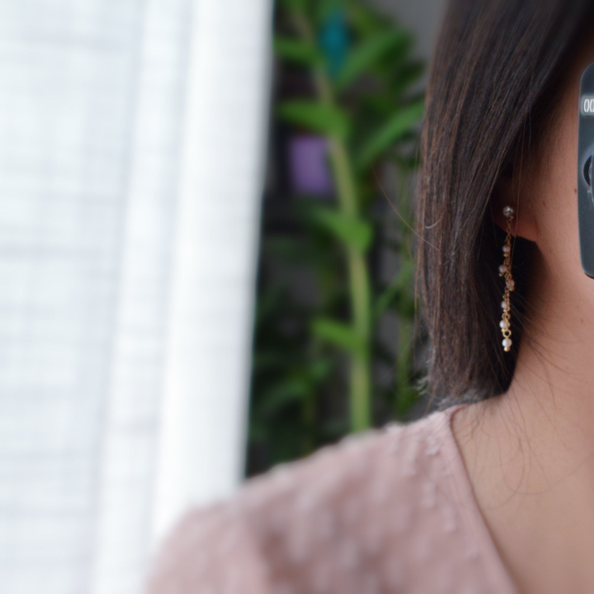 INVISIBLE clip earrings, mini zircon dangling ear clips, white pearls, gold chain. Daily jewelry for non-pierced ears