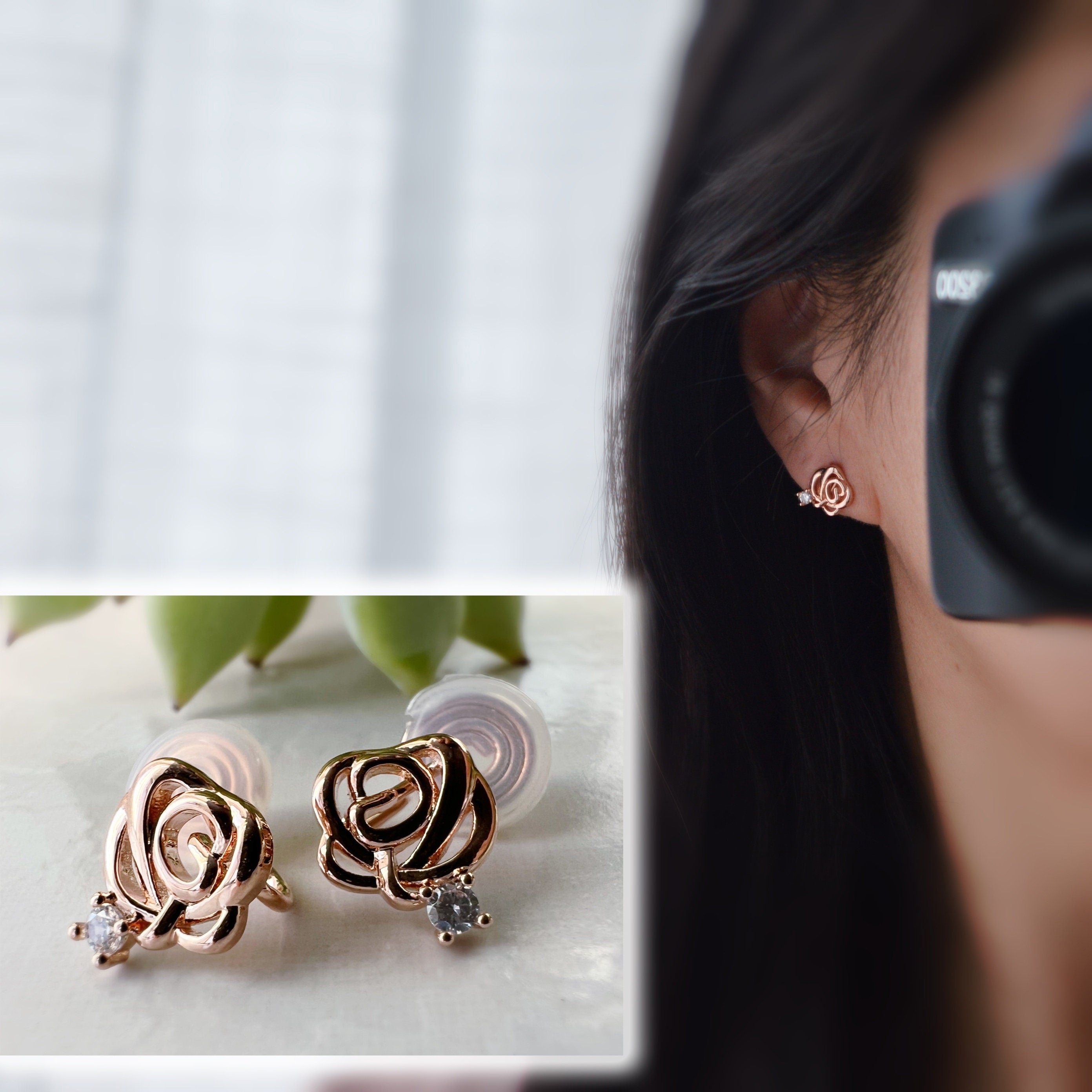 SANS DOULEUR ! Boucles d'oreilles CLIPS U spirale petite Fleur Rose Mini Pierres Zircon couleur Or rose. Clips confortable prêt à offrir