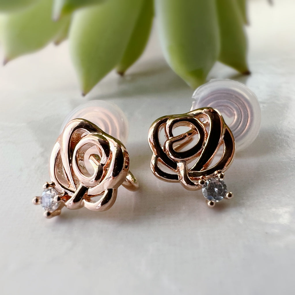SANS DOULEUR ! Boucles d'oreilles CLIPS U spirale petite Fleur Rose Mini Pierres Zircon couleur Or rose. Clips confortable prêt à offrir