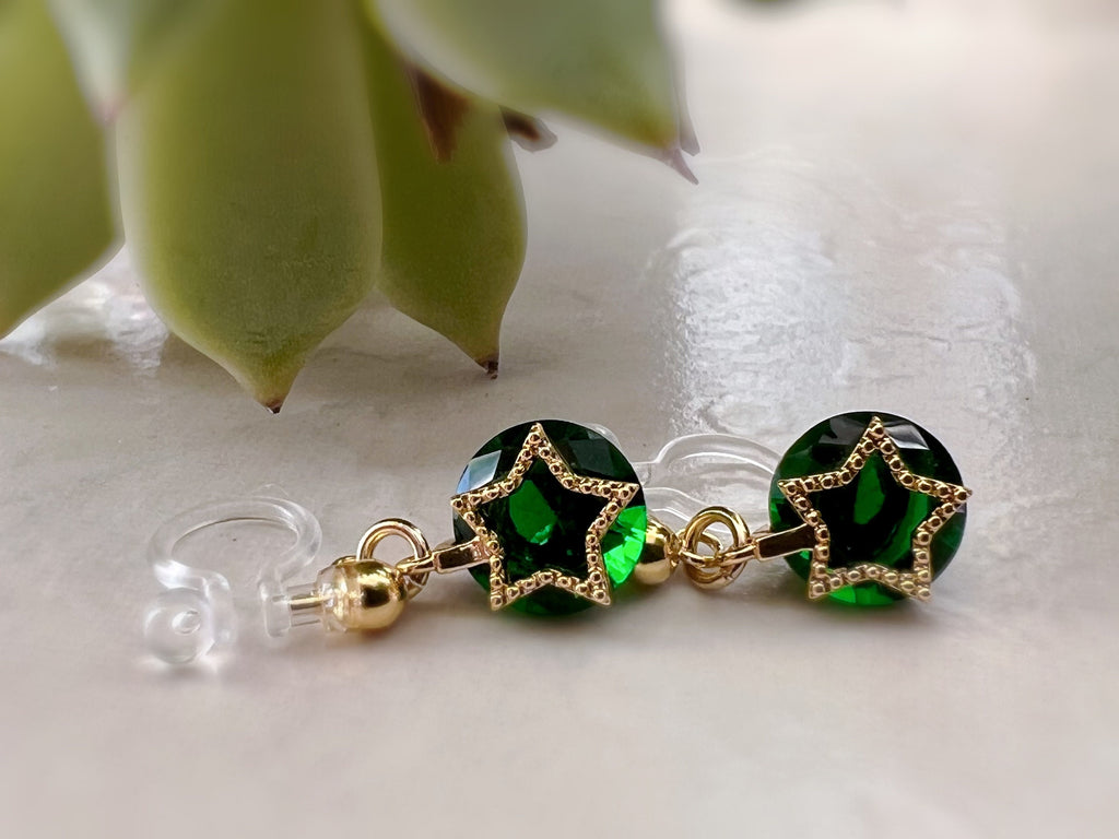 Mini 18K gold plated star dangling ear clips, round emerald zircon, comfortable delicate Invisible CLIPS earrings, Christmas