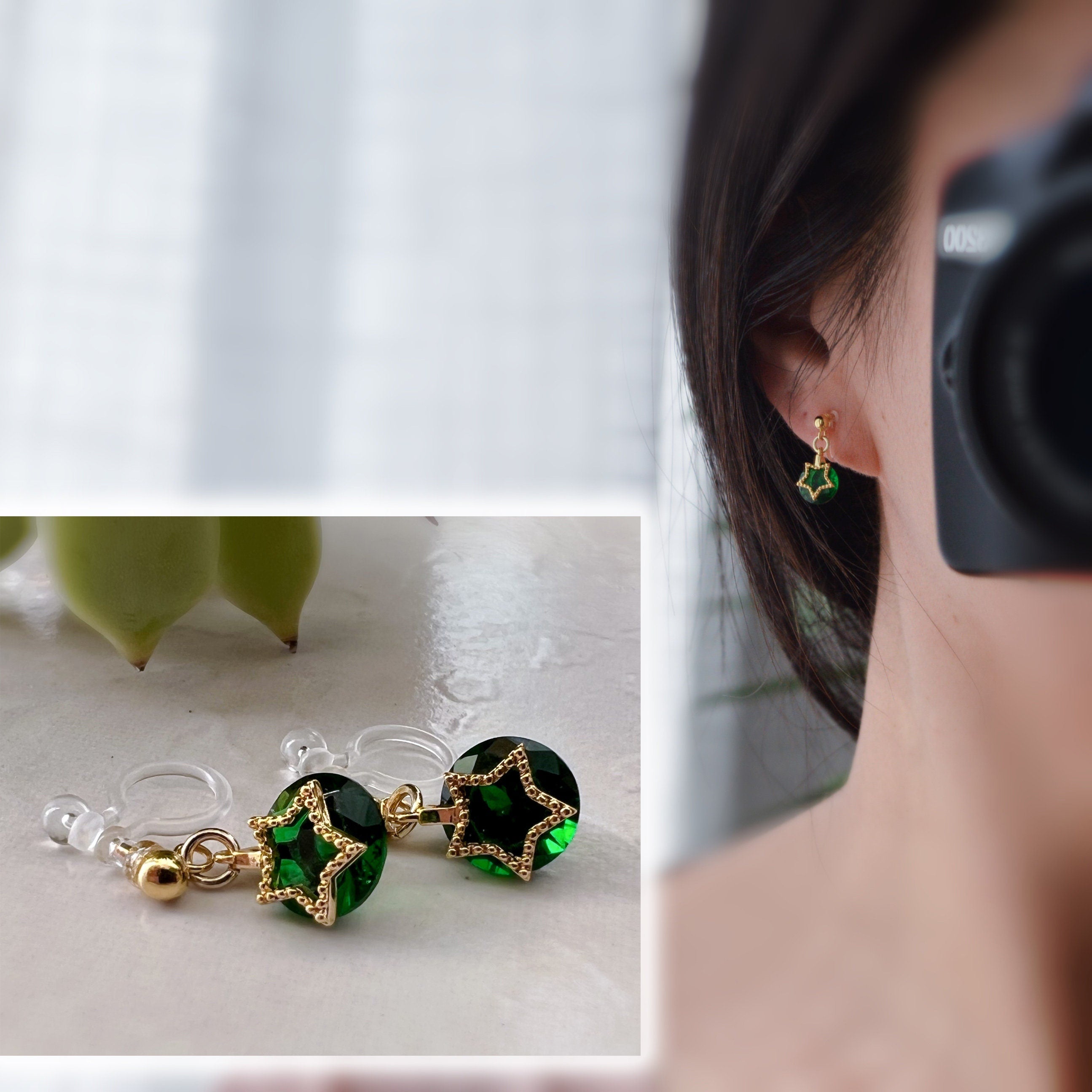 Mini 18K gold plated star dangling ear clips, round emerald zircon, comfortable delicate Invisible CLIPS earrings, Christmas