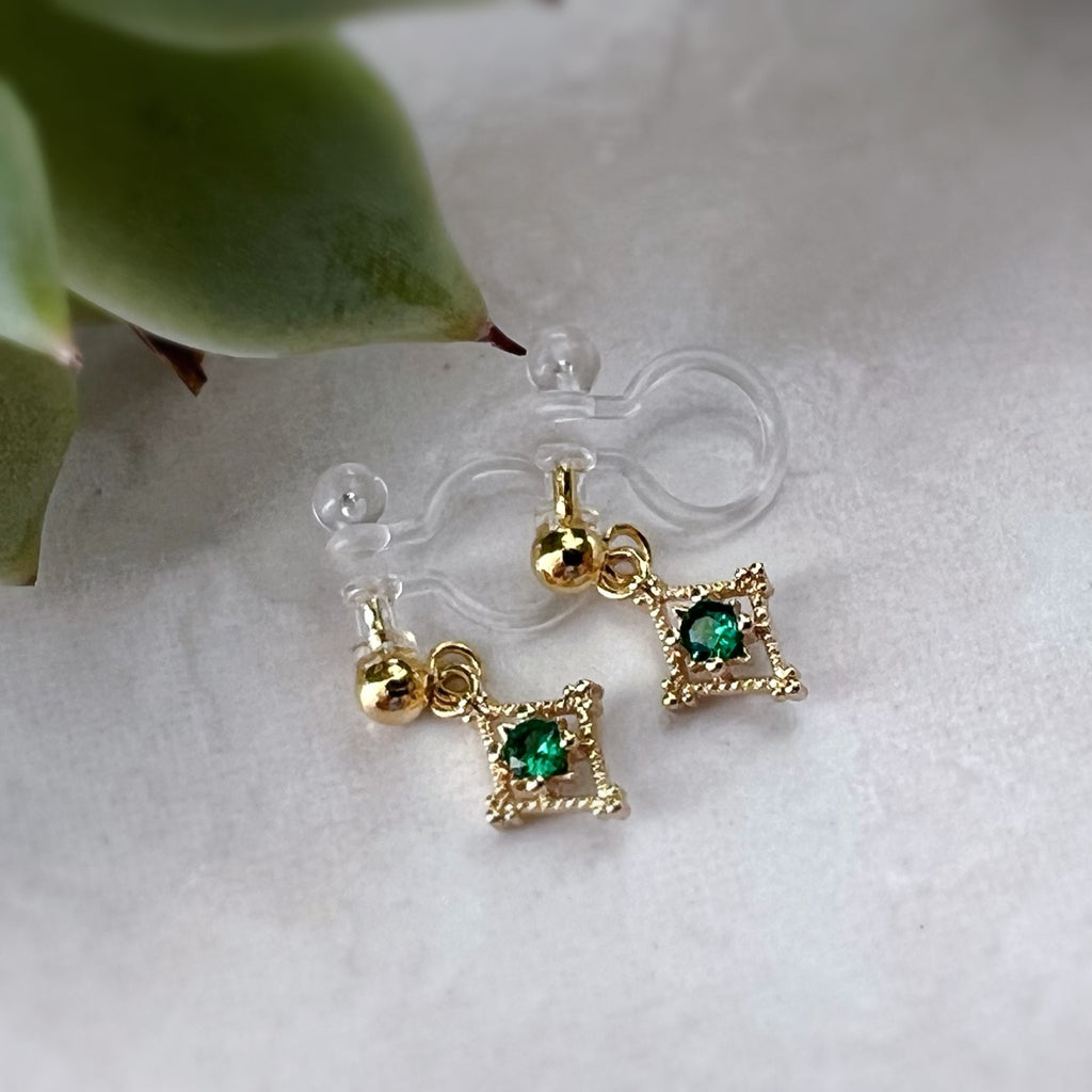 Mini hollow diamond dangling ear clips 18K gold plated Emerald Zircon, CLIPS earrings Invisible delicate comfortable, Christmas