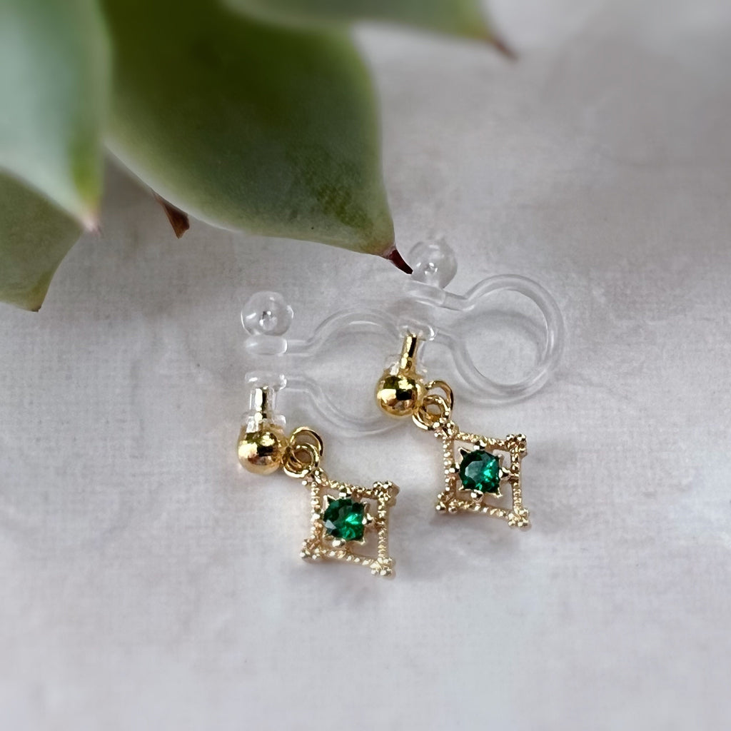 Mini hollow diamond dangling ear clips 18K gold plated Emerald Zircon, CLIPS earrings Invisible delicate comfortable, Christmas