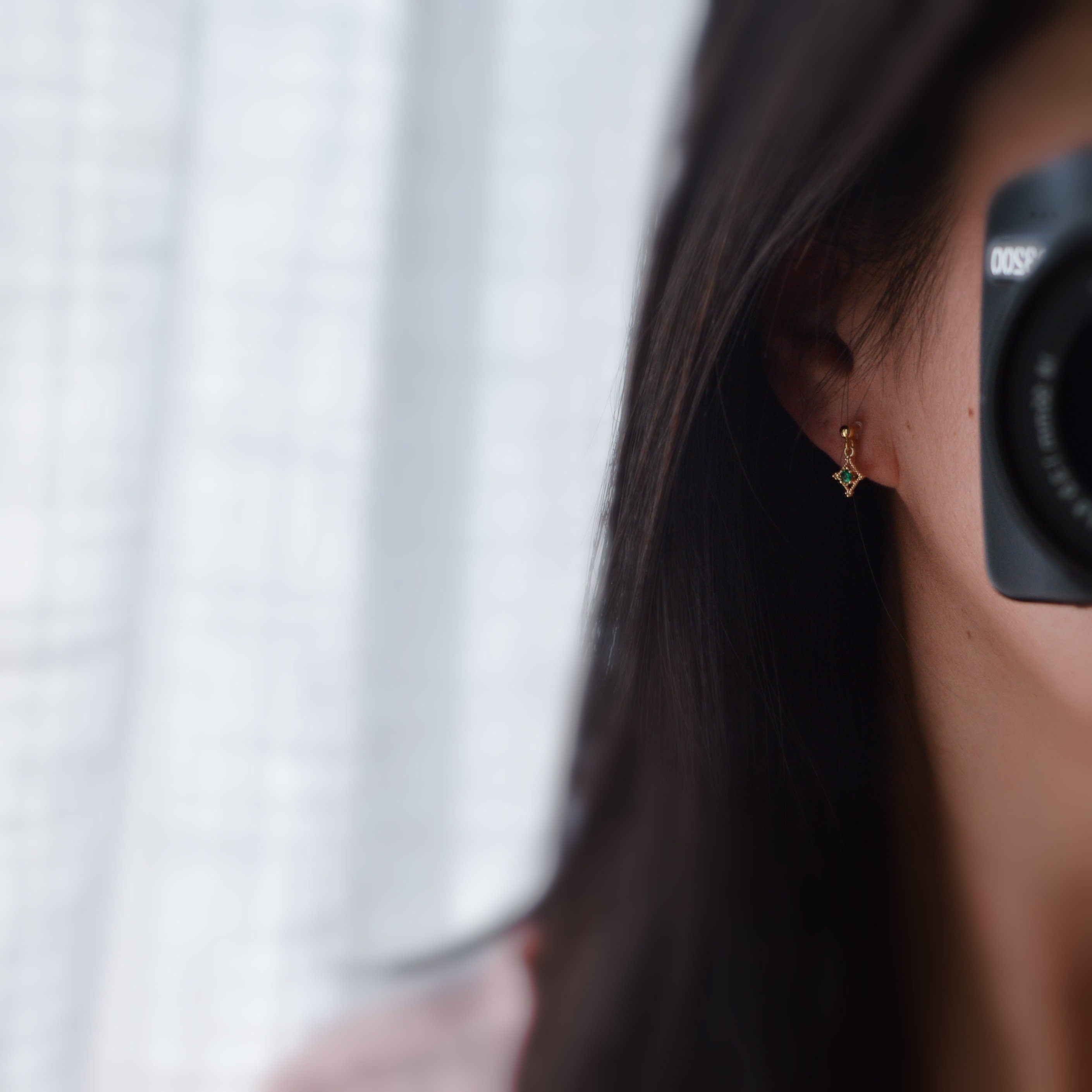 Mini hollow diamond dangling ear clips 18K gold plated Emerald Zircon, CLIPS earrings Invisible delicate comfortable, Christmas