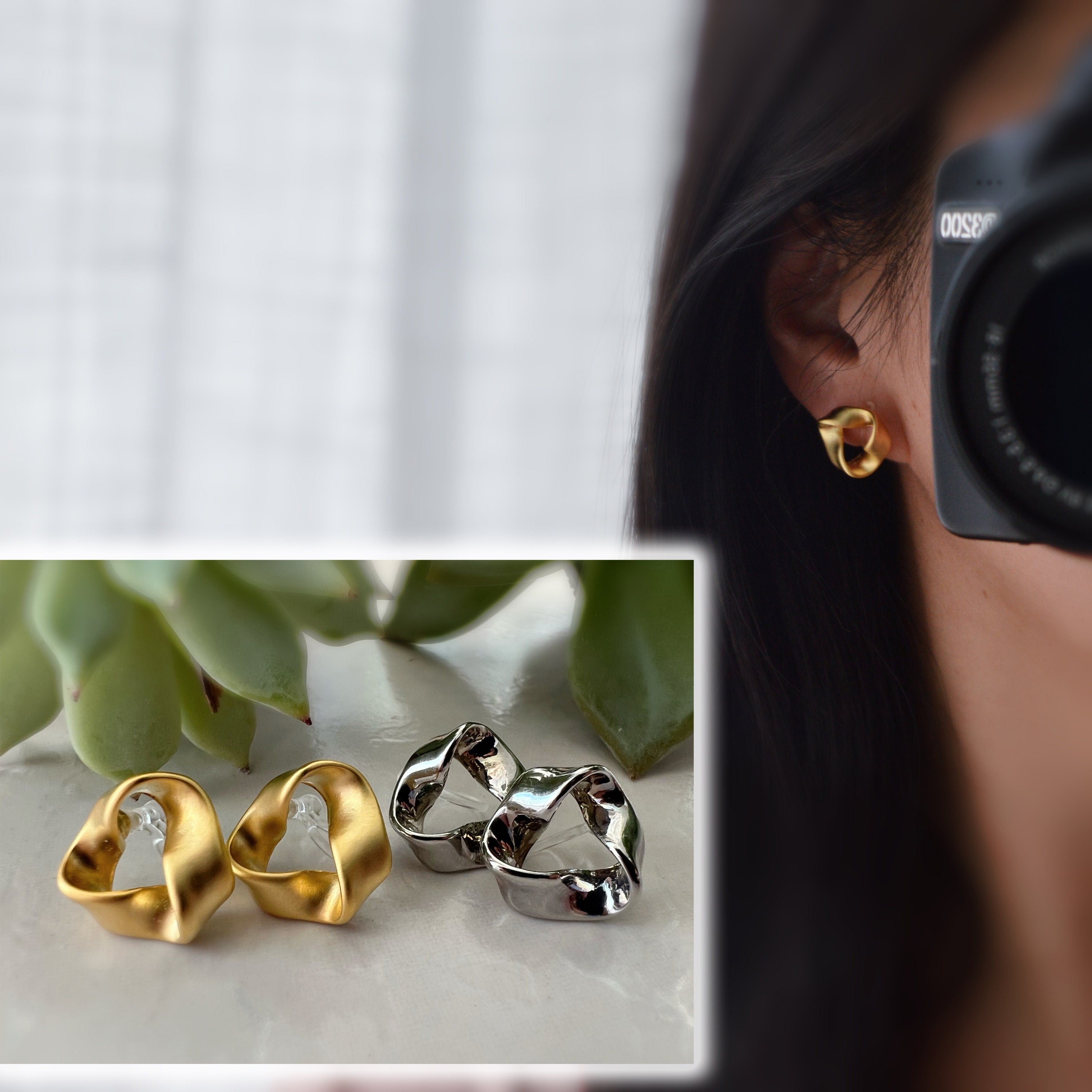 Boucles d'oreilles Clips INVISIBLES Triangle torsadé couleur Or Mat / Argent, Clips d'oreilles confortable bijoux minimaliste quotidien.