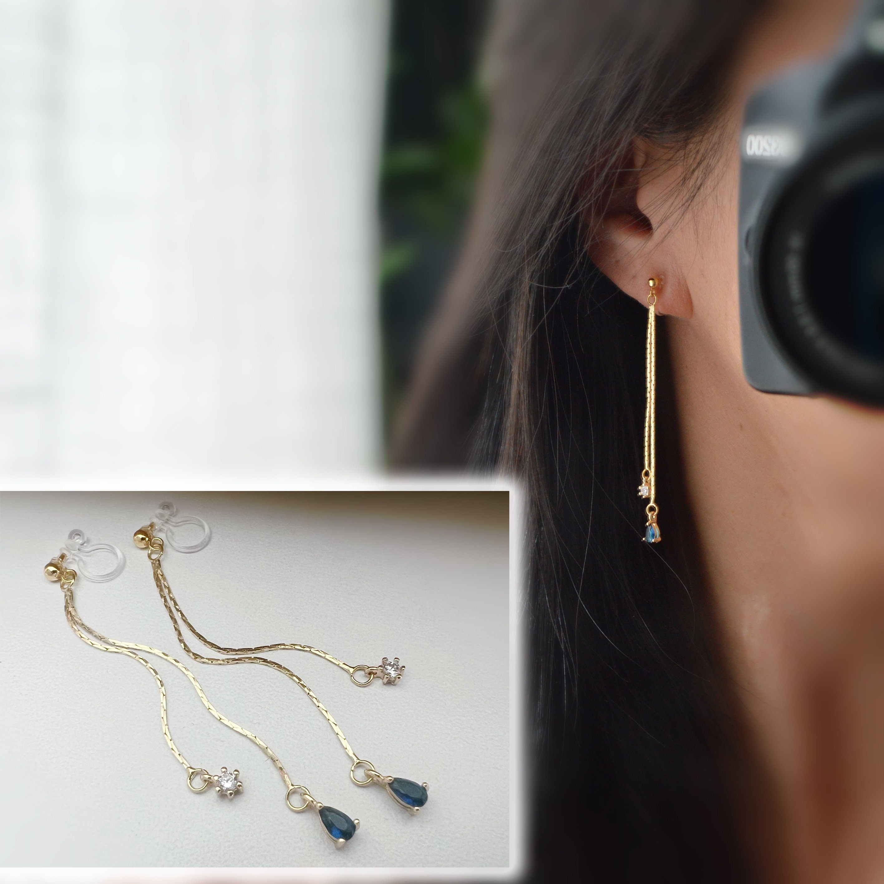 Longues Boucles d'oreilles CLIPS INVISIBLES pendantes double chaînes serpent or mini Zircon, Goutte d'eau bleu marine. Prêt à offrir