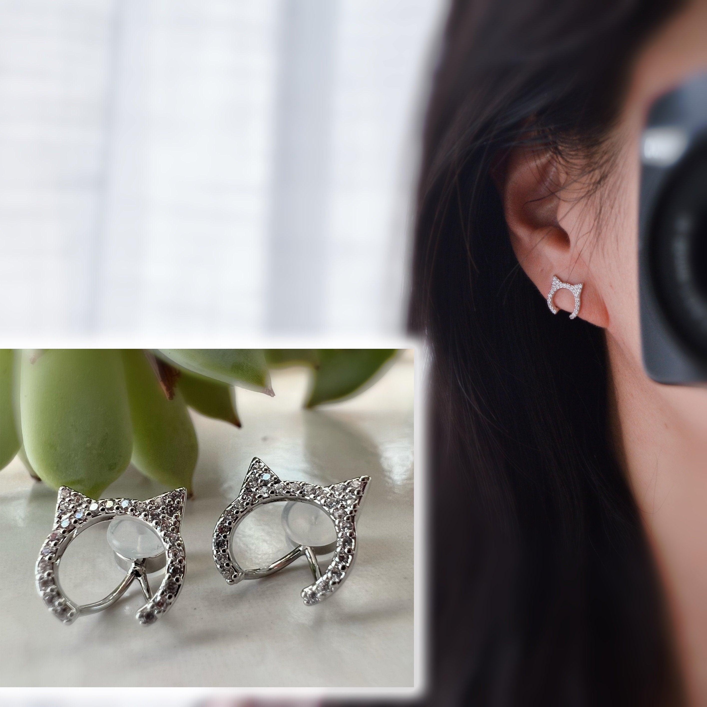 SANS DOULEUR ! Boucles d'oreilles CLIPS U Chat zircon argent. Clips d'oreilles confortable Boucles Délicates