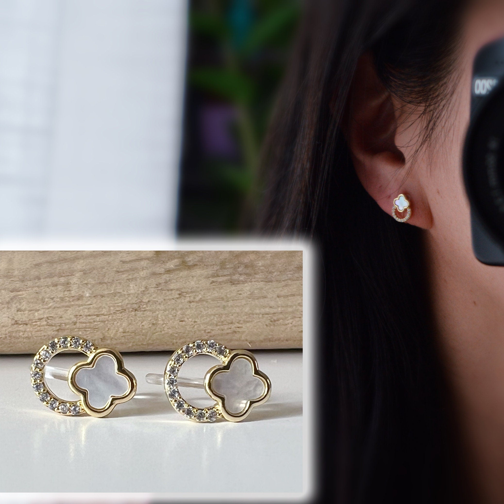 Mini invisible ear CLIPS Circle zircon small 4-leaf clover white mother-of-pearl gold lucky charm Delicate minimalist earrings