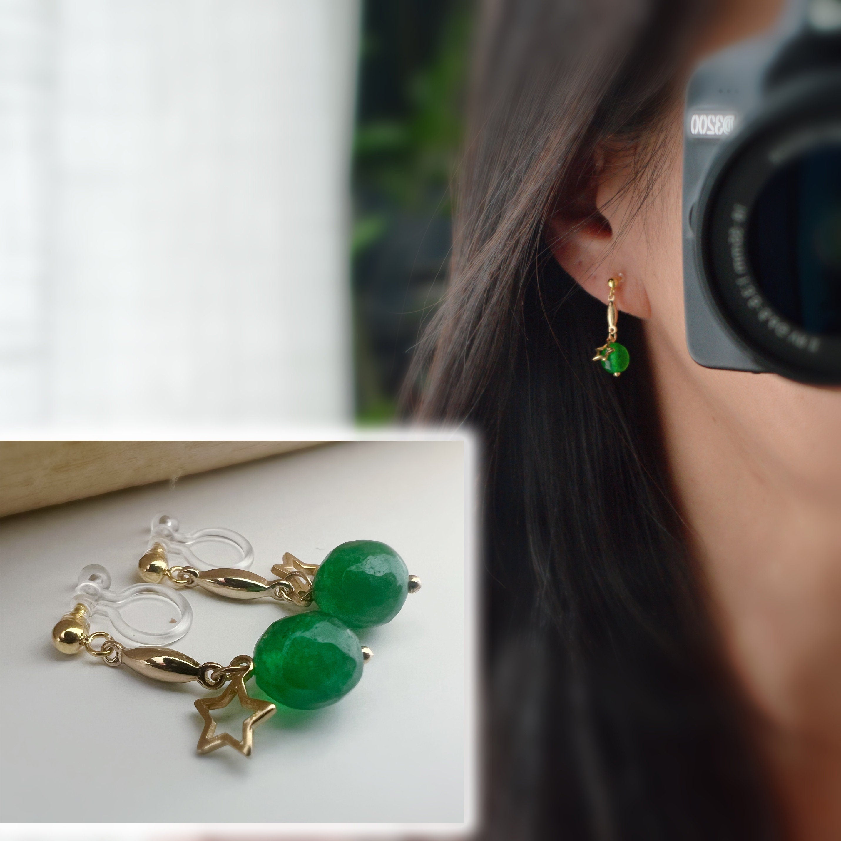 Noël, Boucles d'oreilles CLIPS INVISIBLES pendantes Or, Perle facettes Rouge /Verte petite Etoile creuses. Cadeau Noël prêt à offrir