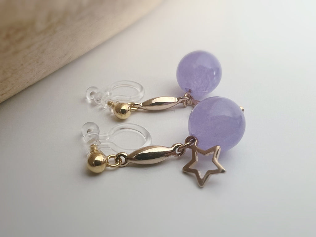 INVISIBLE CLIPS dangling earrings Gold, Pastel colored pearl macaroons Blue Pink Green Purple, Small hollow star.