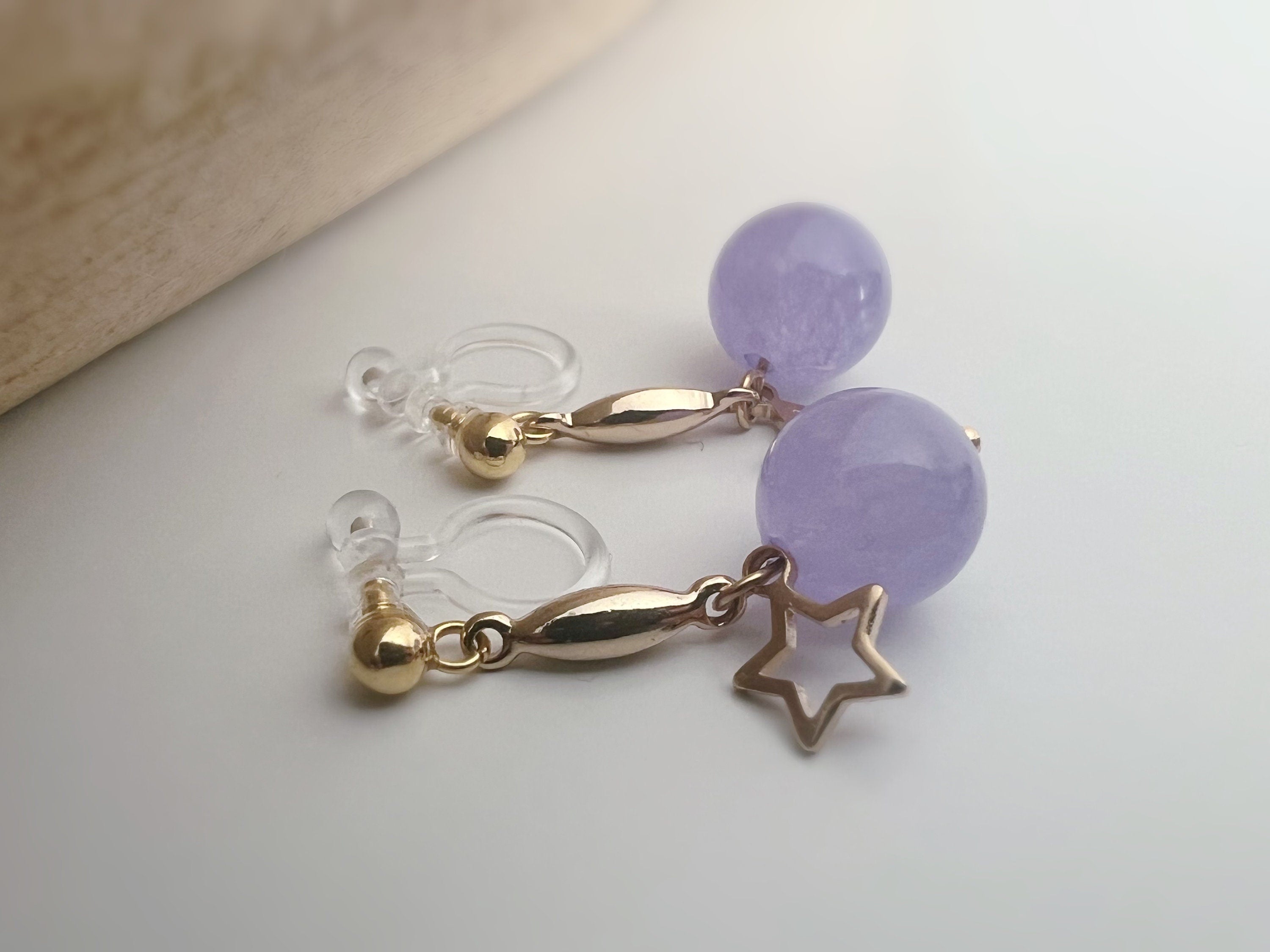 INVISIBLE CLIPS dangling earrings Gold, Pastel colored pearl macaroons Blue Pink Green Purple, Small hollow star.