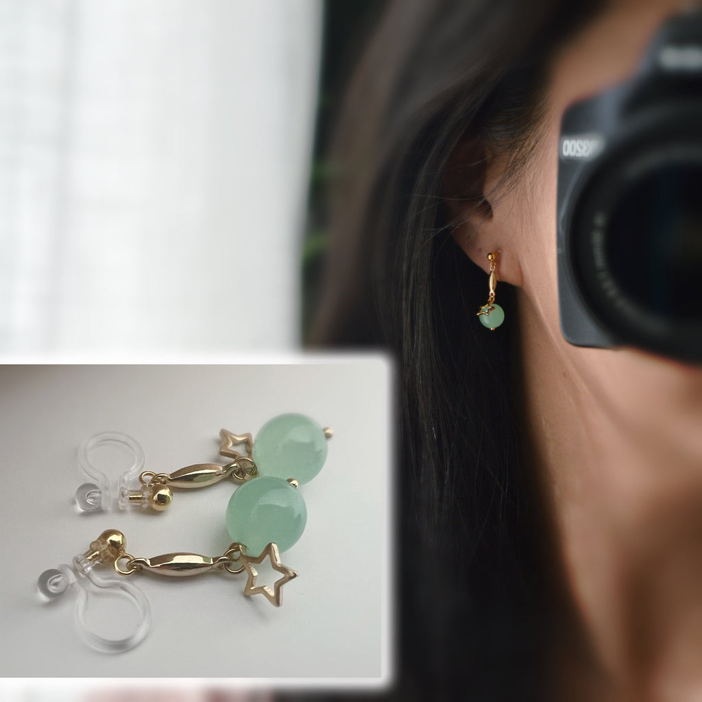 INVISIBLE CLIPS dangling earrings Gold, Pastel colored pearl macaroons Blue Pink Green Purple, Small hollow star.