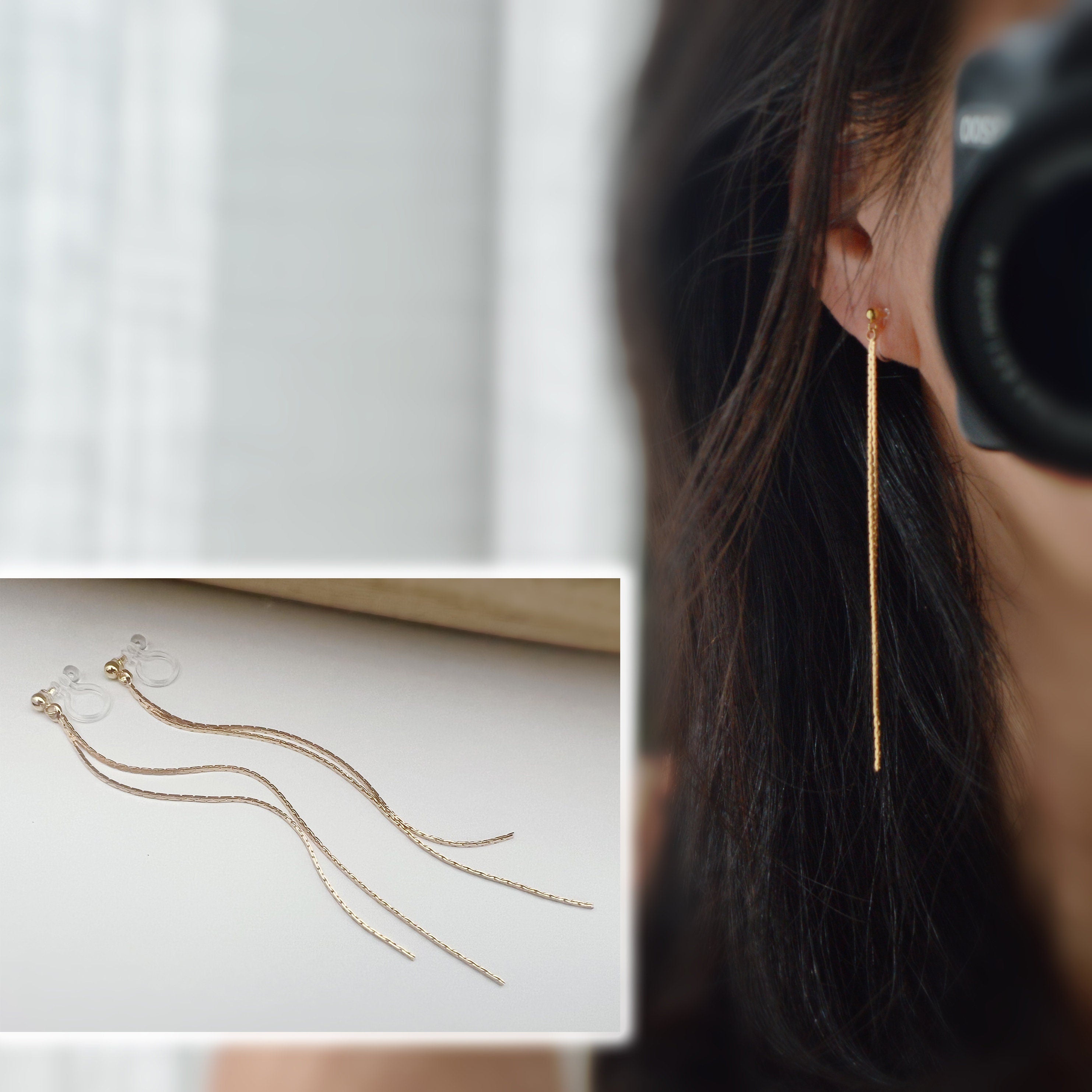 Longue Clips d'oreilles invisibles. Double chaîne or tassel. Boucles d'oreilles clips confortable pour oreilles non percées. Prêt à offrir.