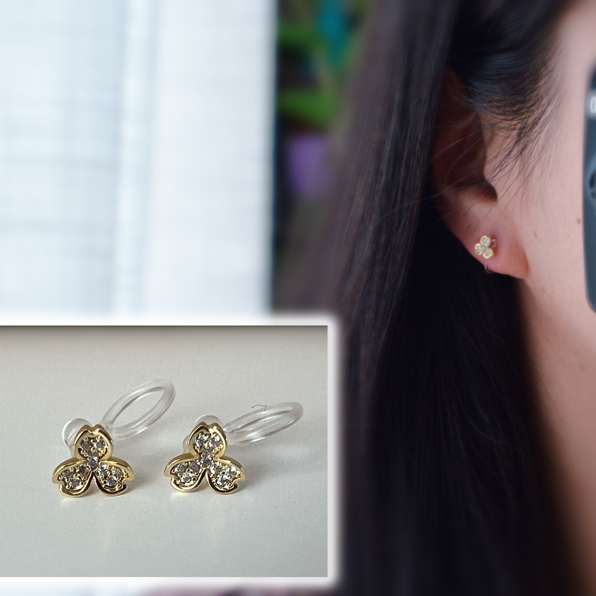 Mini Boucles d'oreilles Clips INVISIBLE Or trois Feuilles nacre blanche et Mini Zircon. Clips d'oreilles Confortables, bijoux quotidien