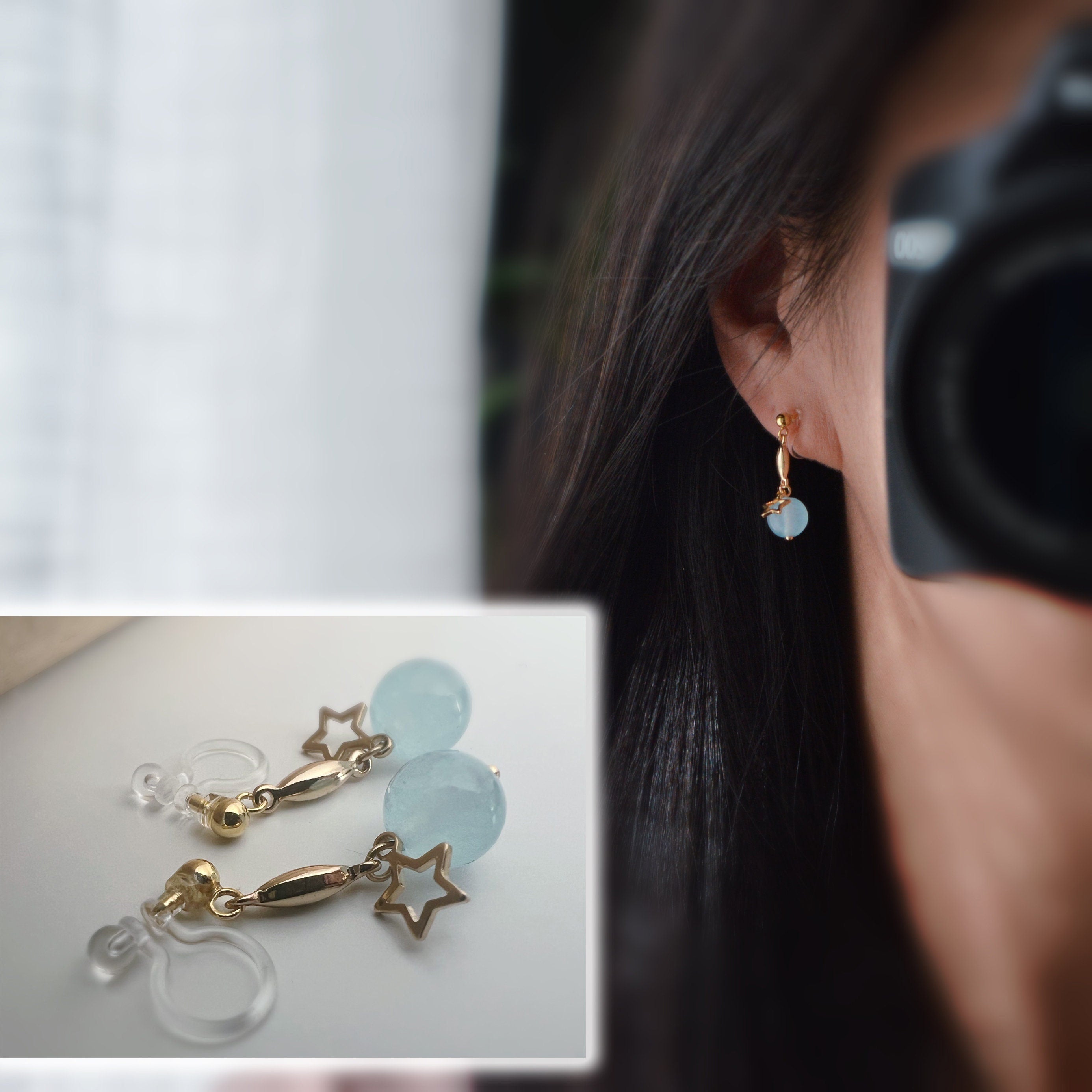 INVISIBLE CLIPS dangling earrings Gold, Pastel colored pearl macaroons Blue Pink Green Purple, Small hollow star.