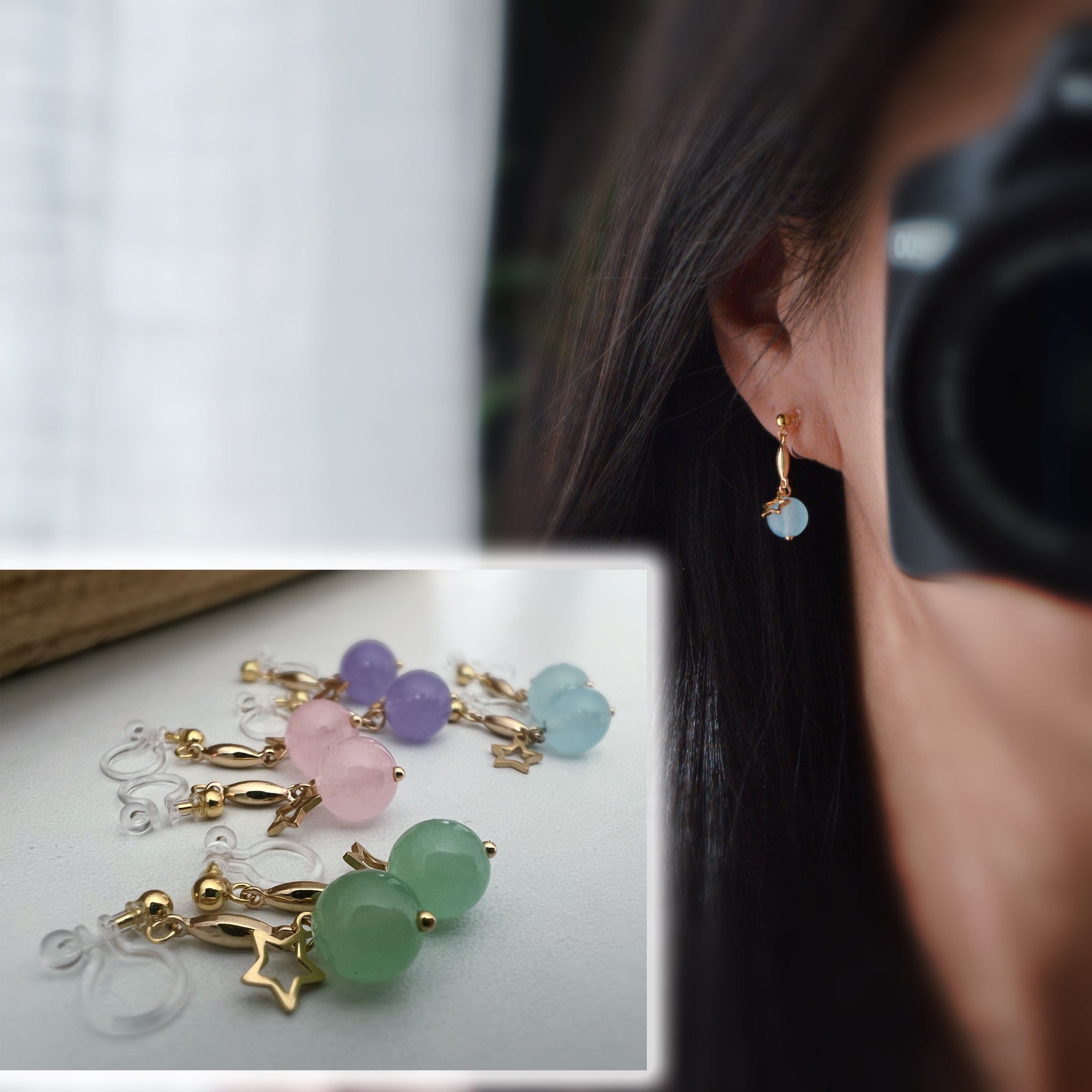 INVISIBLE CLIPS dangling earrings Gold, Pastel colored pearl macaroons Blue Pink Green Purple, Small hollow star.
