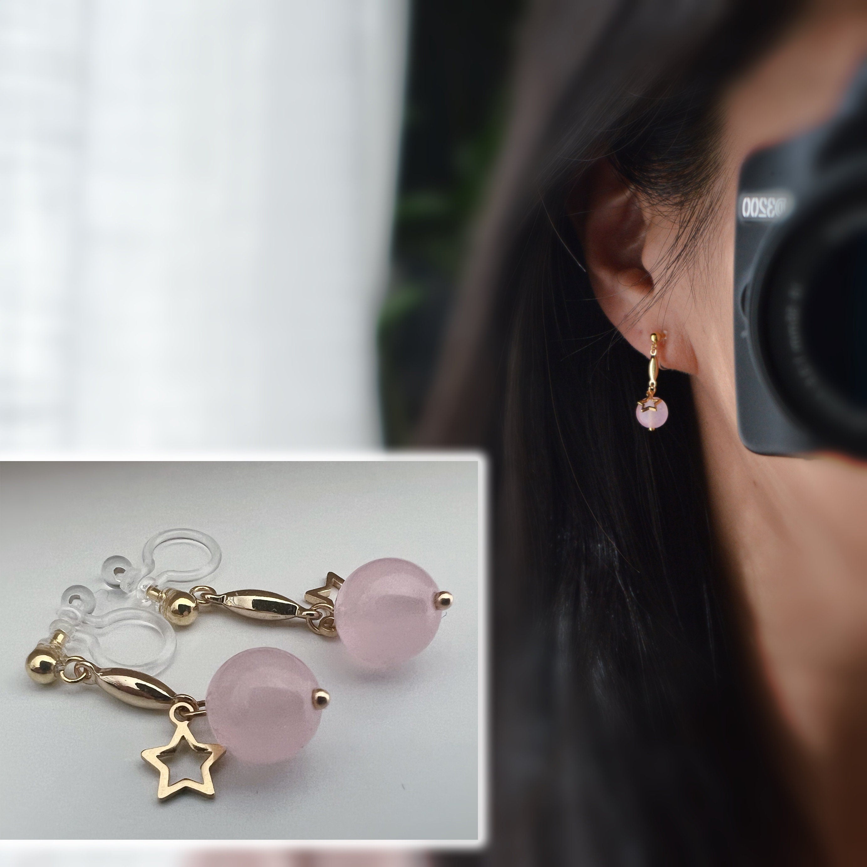 INVISIBLE CLIPS dangling earrings Gold, Pastel colored pearl macaroons Blue Pink Green Purple, Small hollow star.