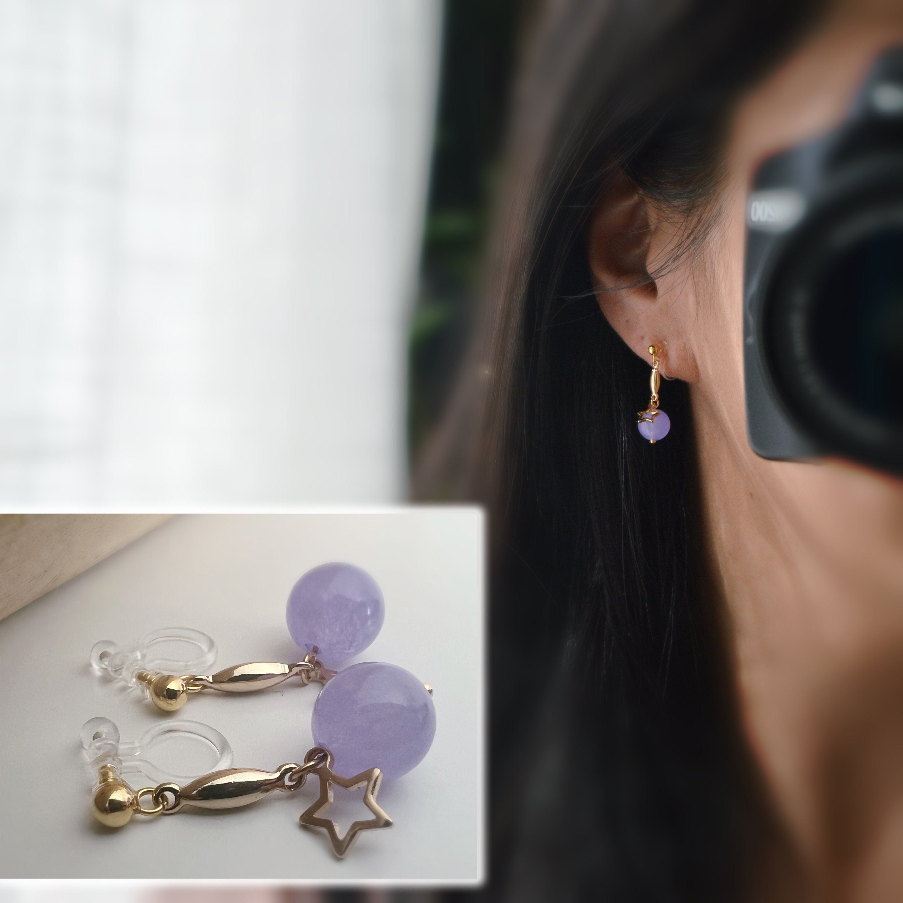 INVISIBLE CLIPS dangling earrings Gold, Pastel colored pearl macaroons Blue Pink Green Purple, Small hollow star.