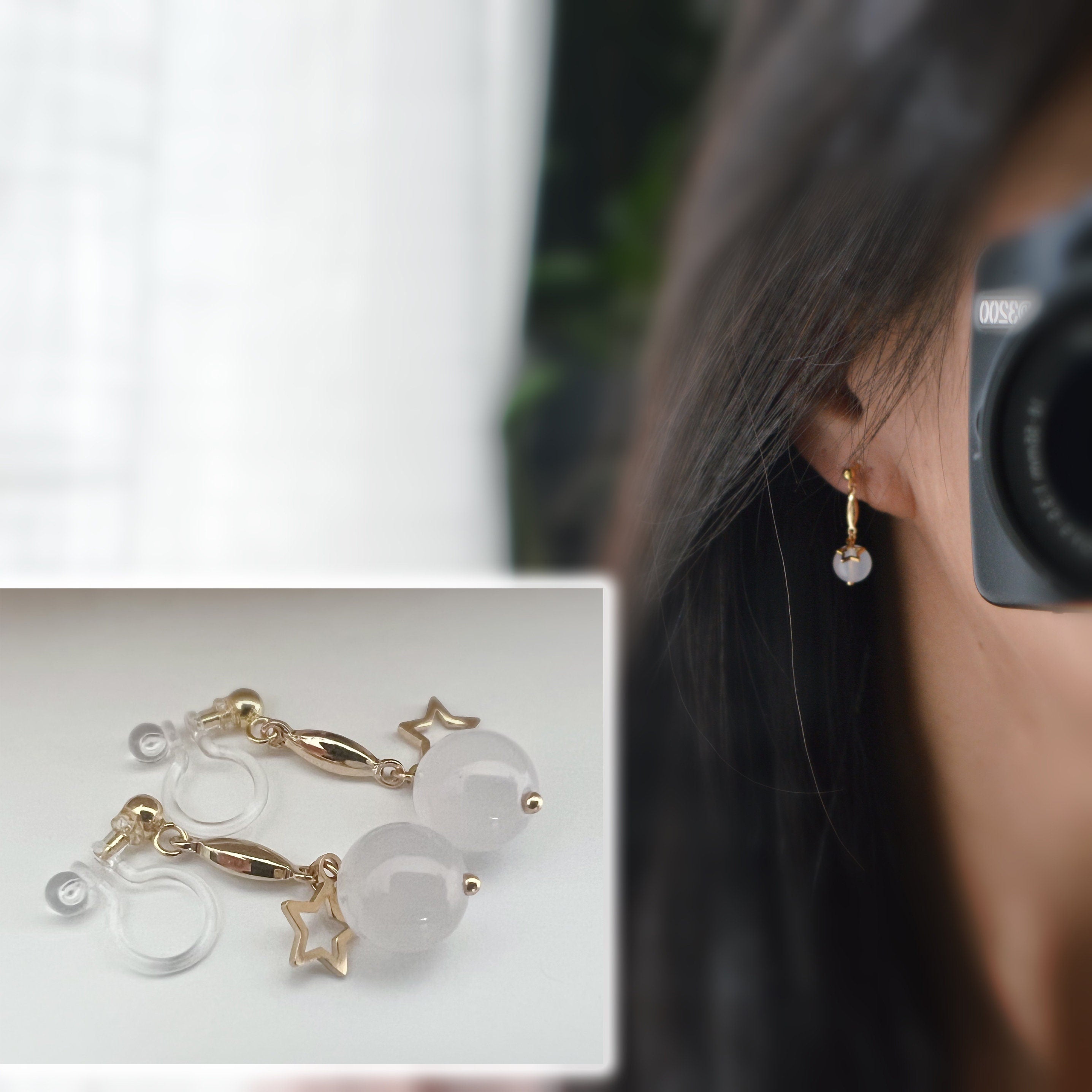 Boucles d'oreilles CLIPS INVISIBLES pendantes Or, Perle agate blanche / Perle facette noire, Petite Etoile creuse Cadeau prêt à offrir