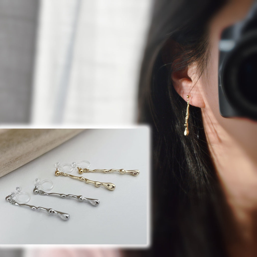 Clips d'oreilles longue Barre couleur Argent / Or. Boucles d'oreilles Clips Invisibles Moderne