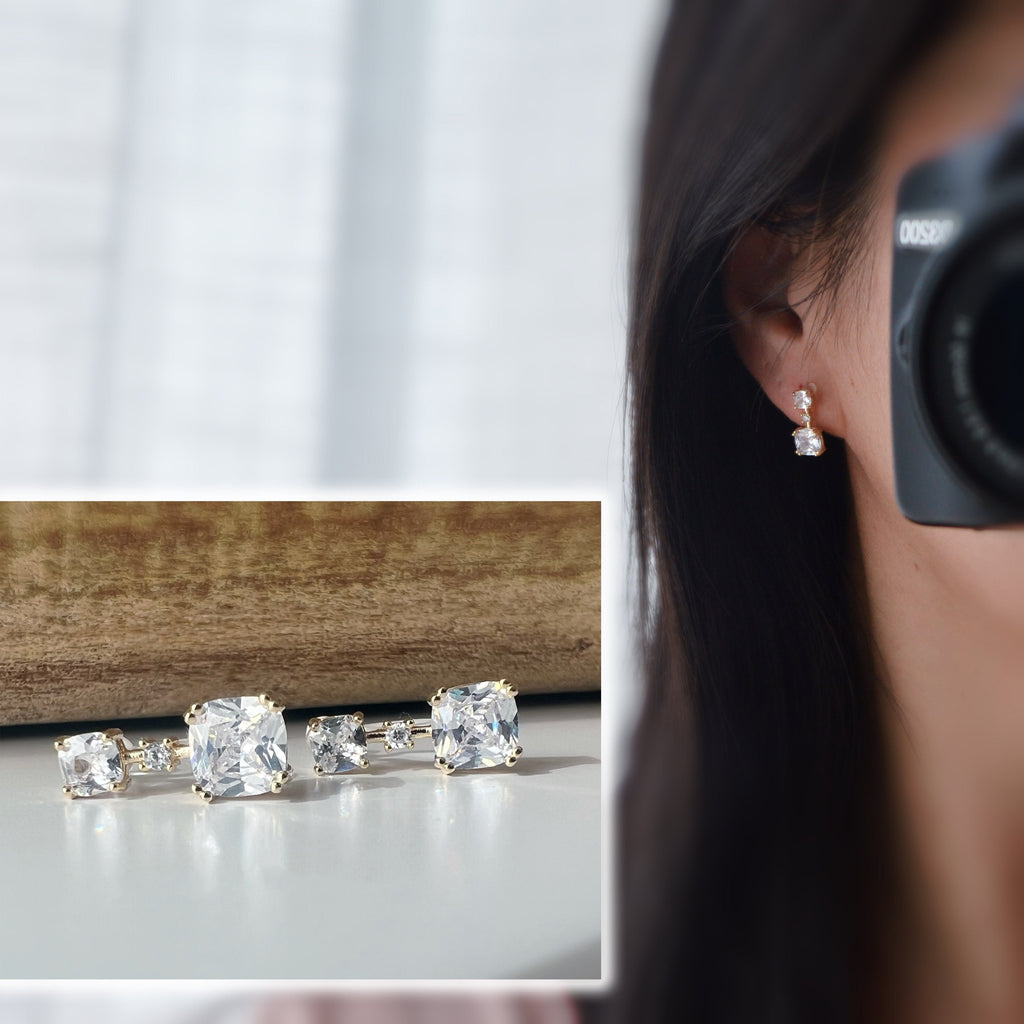 Clips d'oreilles invisibles Carré mini pierre zircon transparent. CLIPS confortable prêt à offrir