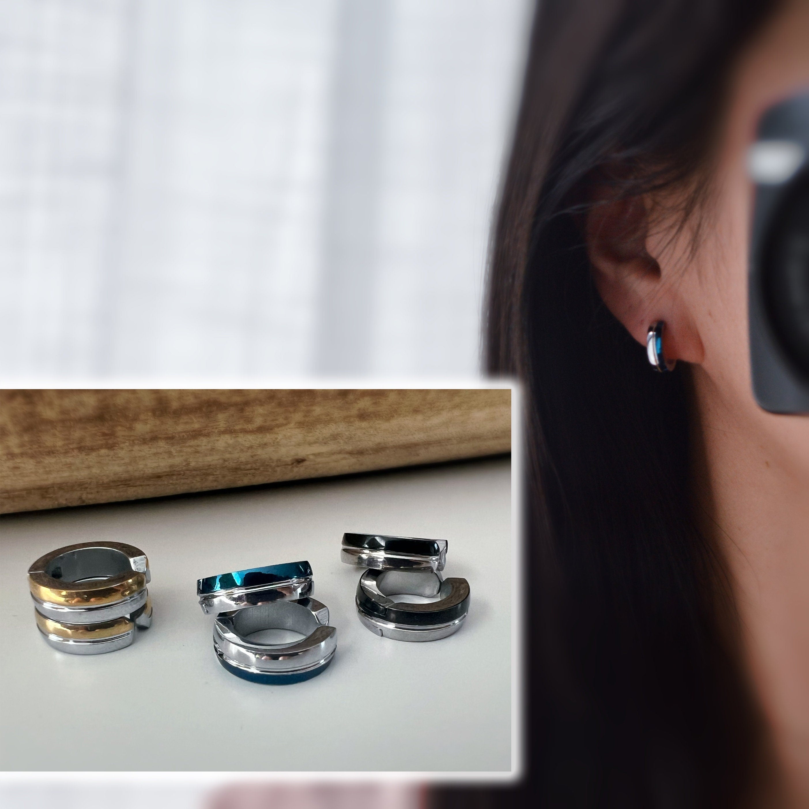 Rock CLIPS CLAMP earrings rings Silver Gold/Silver Black/Silver Blue Non-pierced ears. Daily Jewelry Men Women