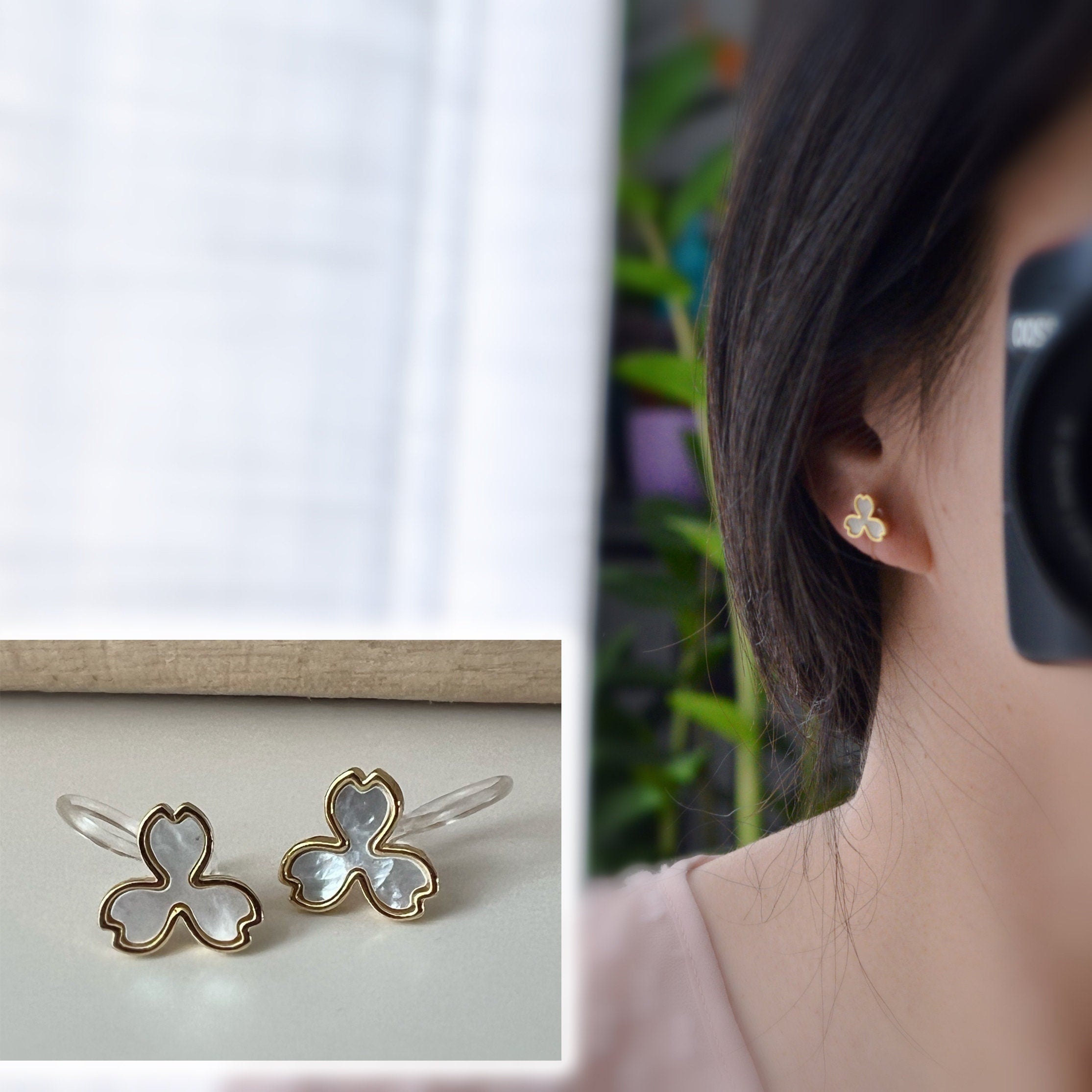 Mini Boucles d'oreilles Clips INVISIBLE Or trois Feuilles nacre blanche et Mini Zircon. Clips d'oreilles Confortables, bijoux quotidien