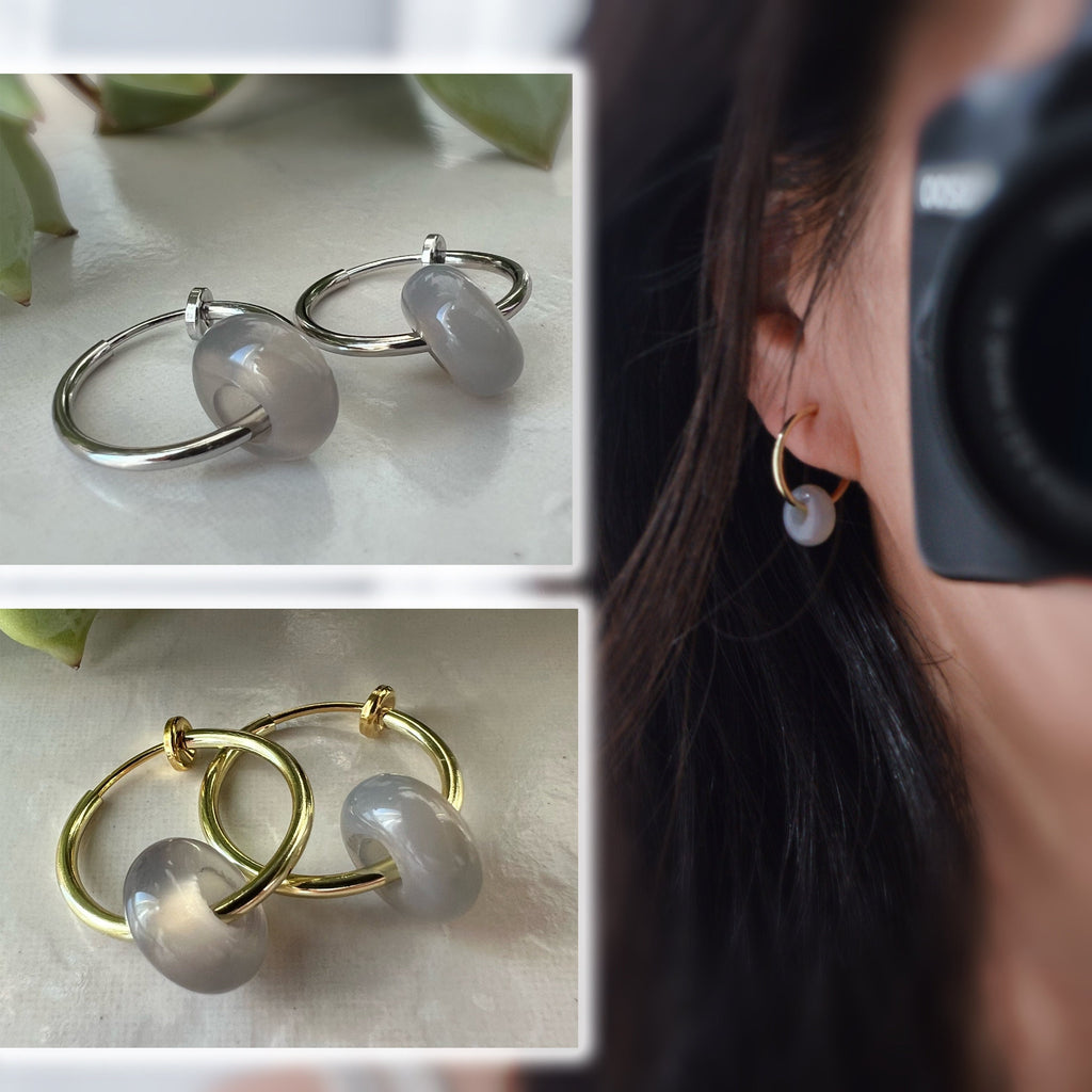 2 EN 1, Clips d'oreilles Anneaux Petit cercle agate grise. Créoles Clips 18mm Argent / Or. CLIPS confortable Oreilles non percées.