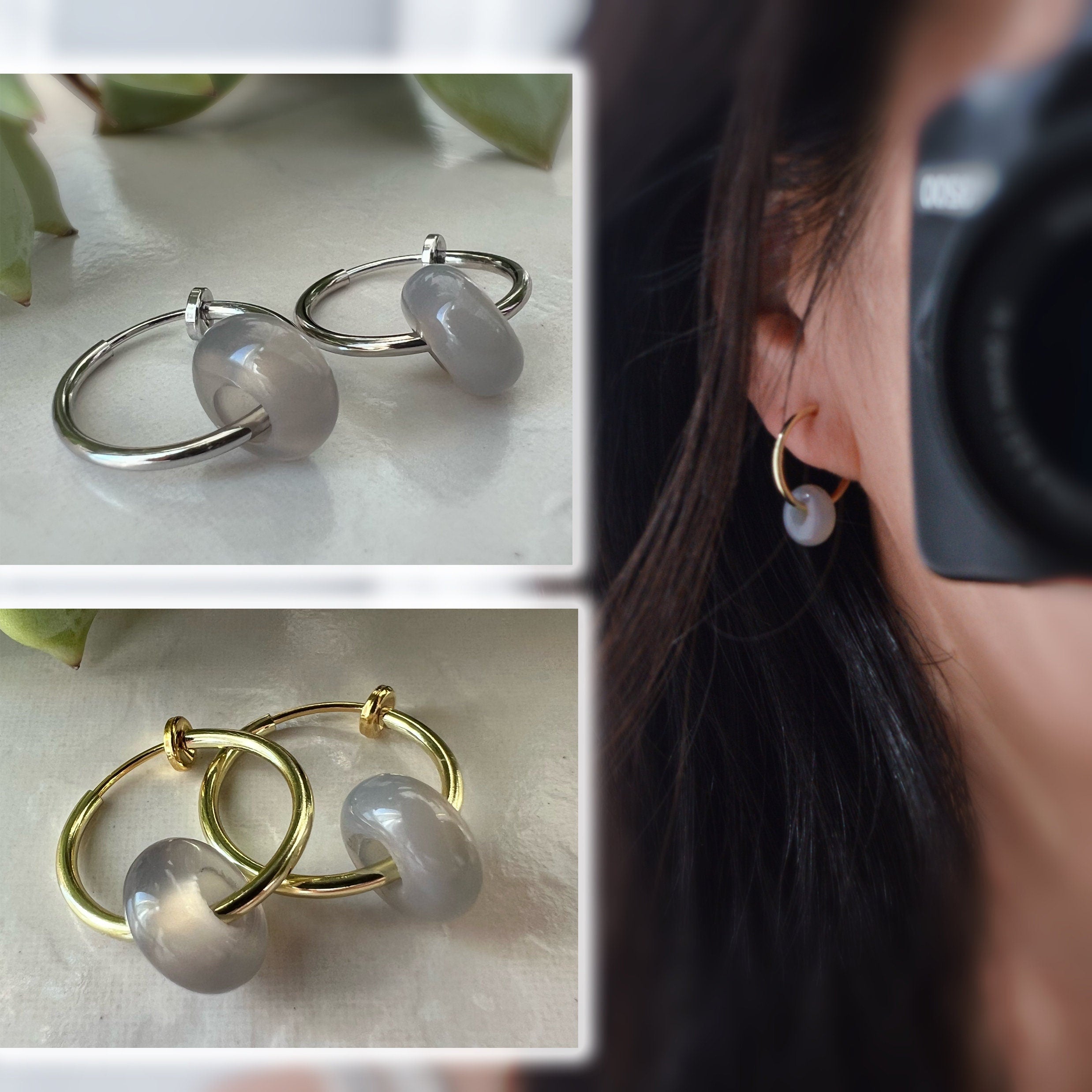 2 EN 1, Clips d'oreilles Anneaux Petit cercle agate grise. Créoles Clips 18mm Argent / Or. CLIPS confortable Oreilles non percées.