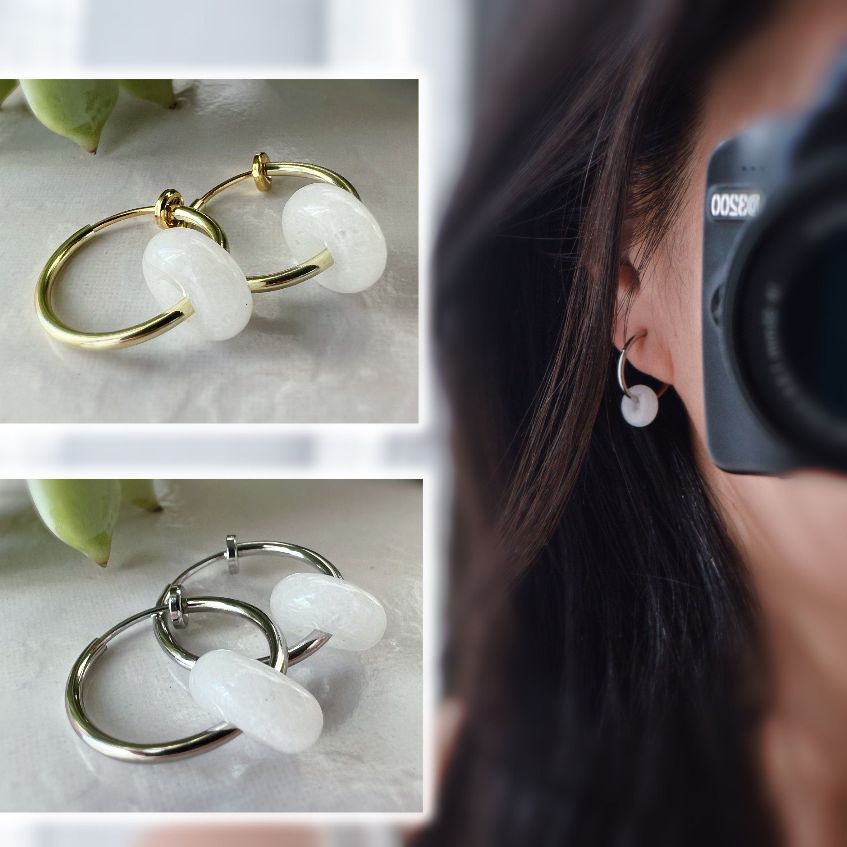 2 EN 1, Clips d'oreilles Anneaux Petit cercle de jade blanc. Créoles Clips 18mm Argent / Or. CLIPS confortable Oreilles non percées.