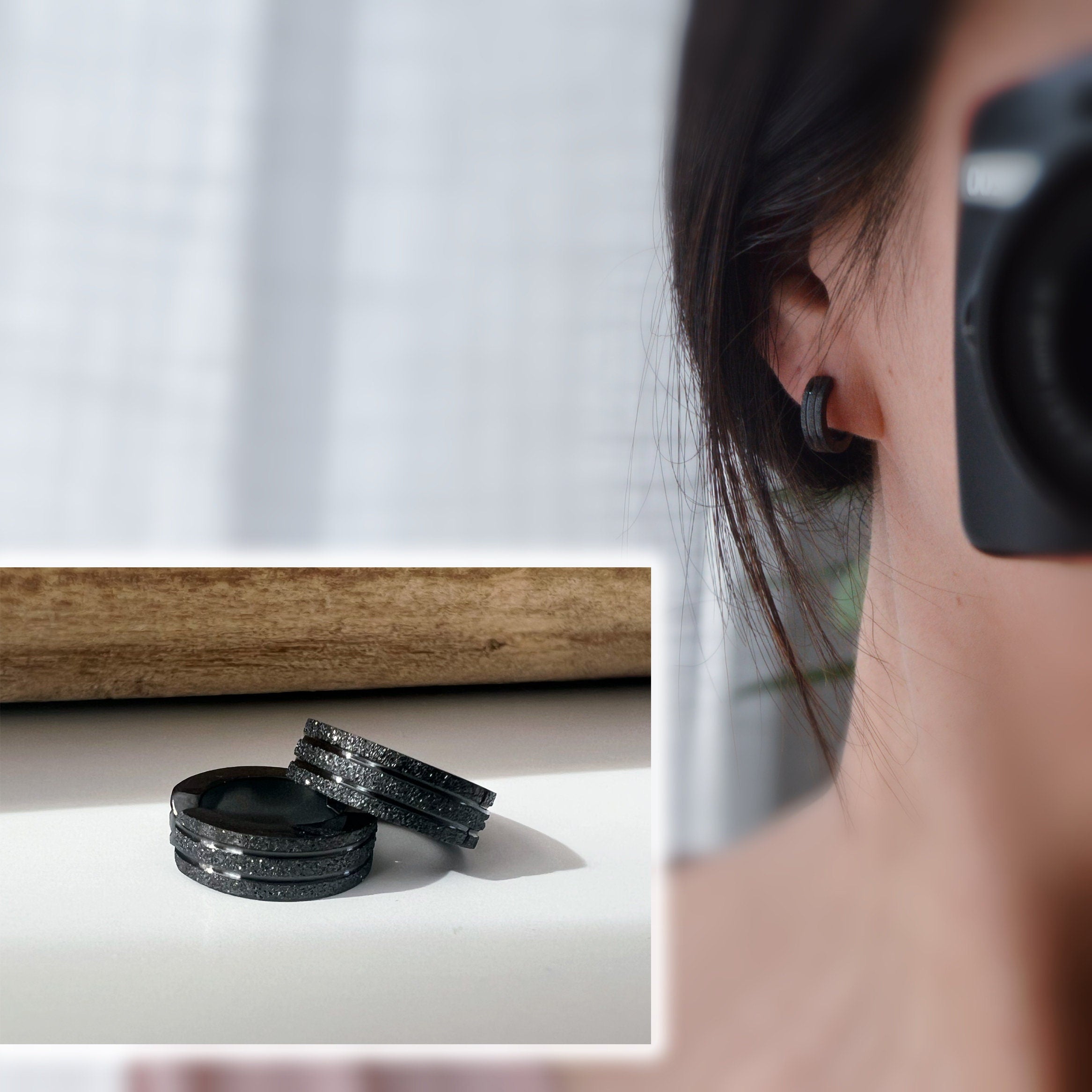 Rock CLIPS CLAMP earrings frosted silver / frosted black rings. Unpierced Ears. Daily Jewelry Men Women