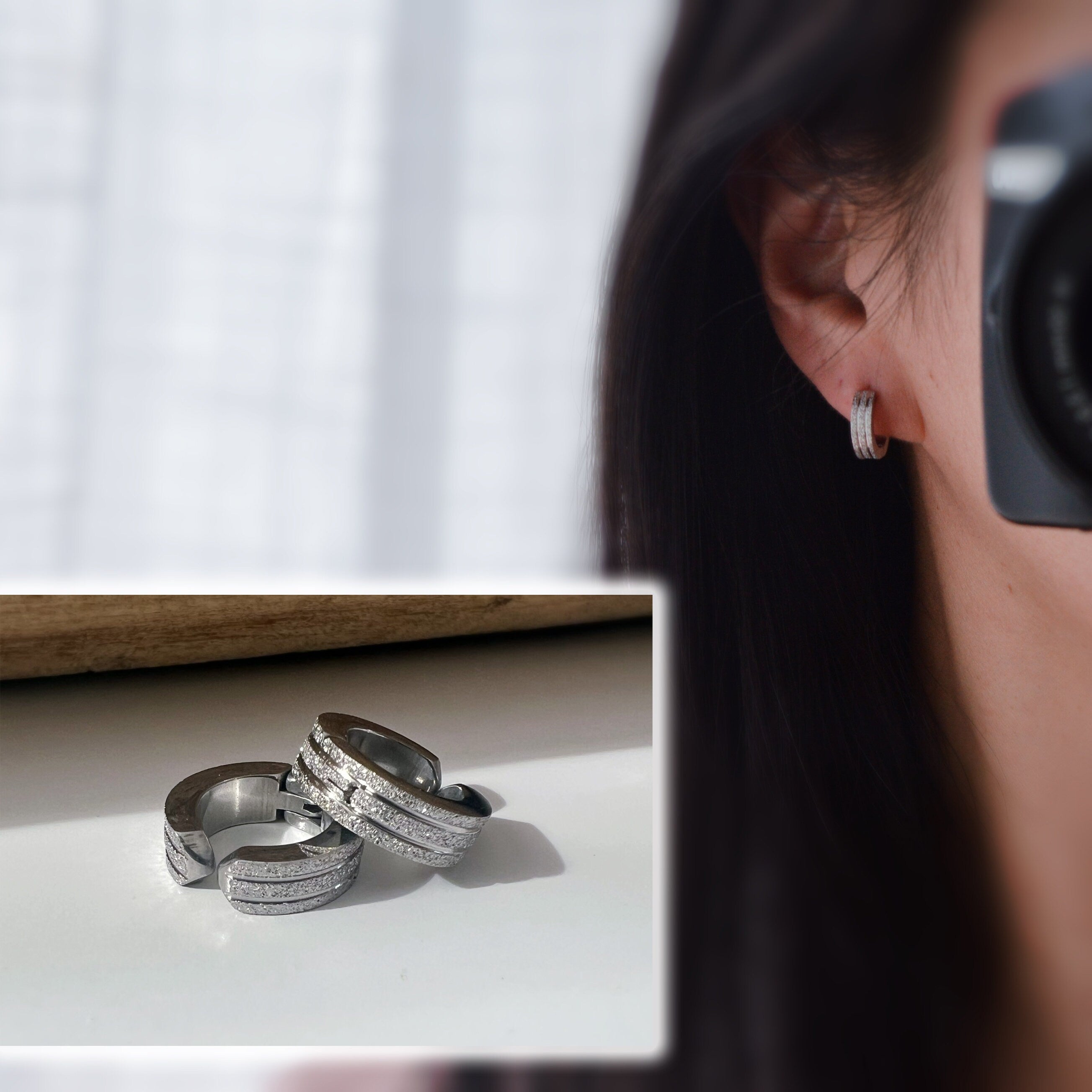 Rock CLIPS CLAMP earrings frosted silver / frosted black rings. Unpierced Ears. Daily Jewelry Men Women