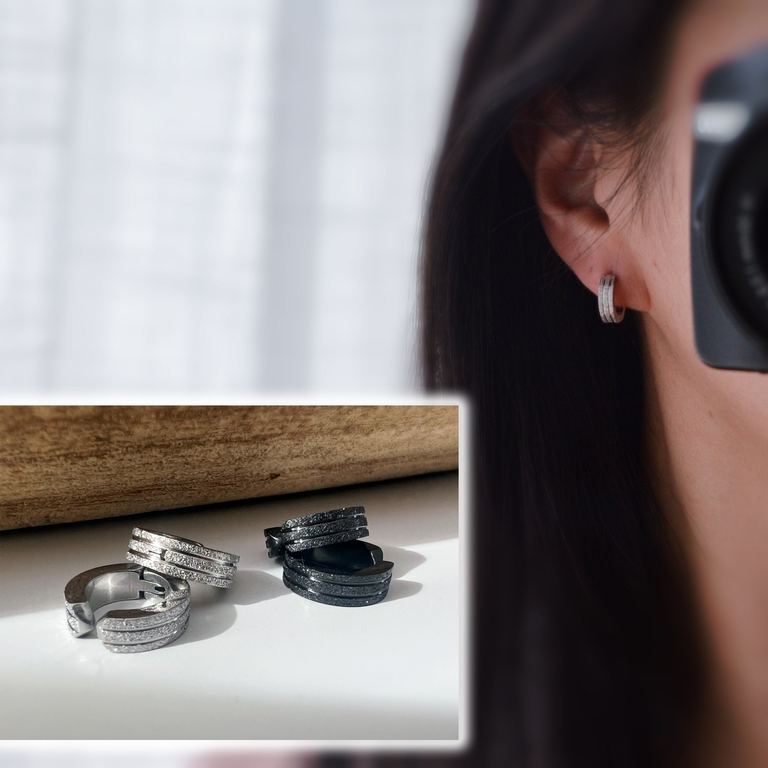 Rock CLIPS CLAMP earrings frosted silver / frosted black rings. Unpierced Ears. Daily Jewelry Men Women