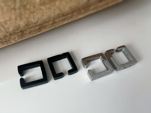 Boucles d'oreilles Rock CLIPS CLAMP carré Argent / Noir. clips d'oreilles pour Oreilles Non Percées. Bijoux quotidiens hommes femmes