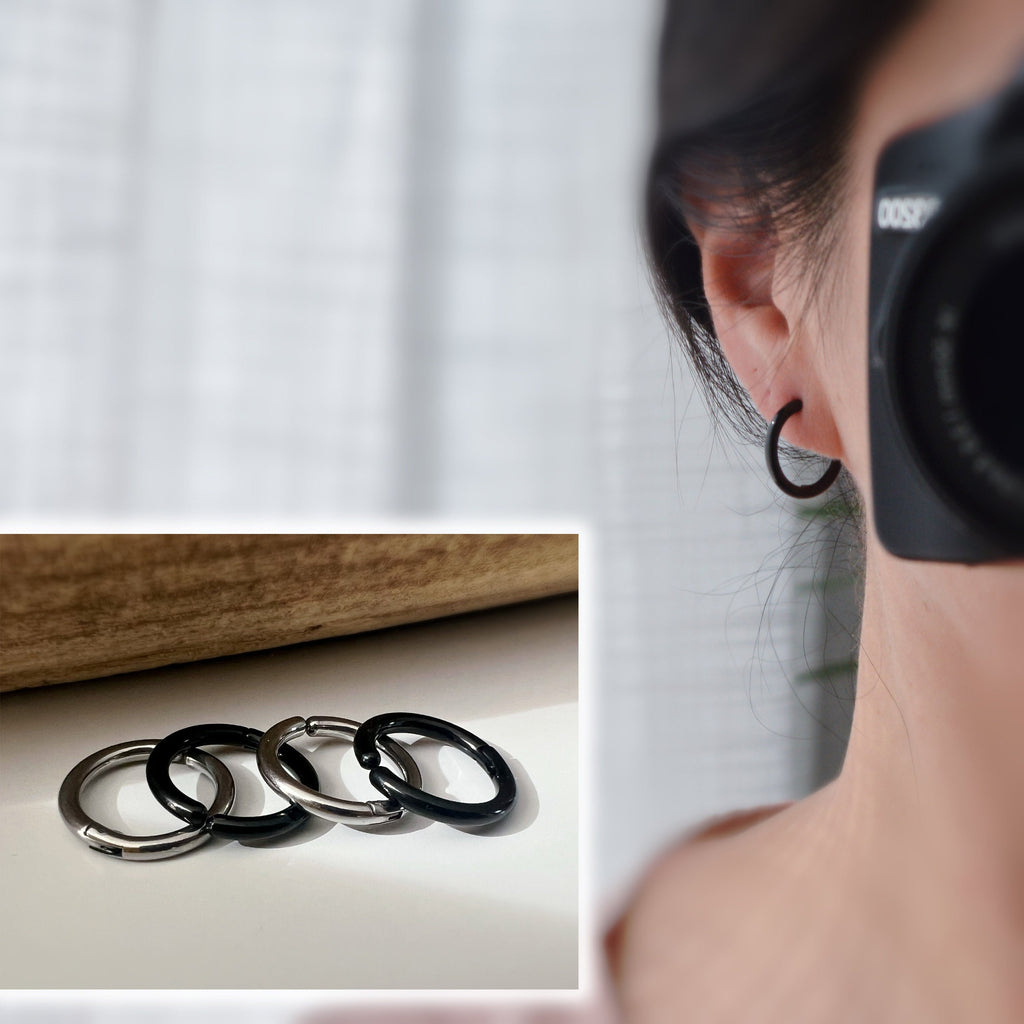 Rock Boucles d'oreille CLIPS Pince Anneaux couleur Argent/ Noir pour oreilles non percées. Hommes Femmes Créole cercle 18mm