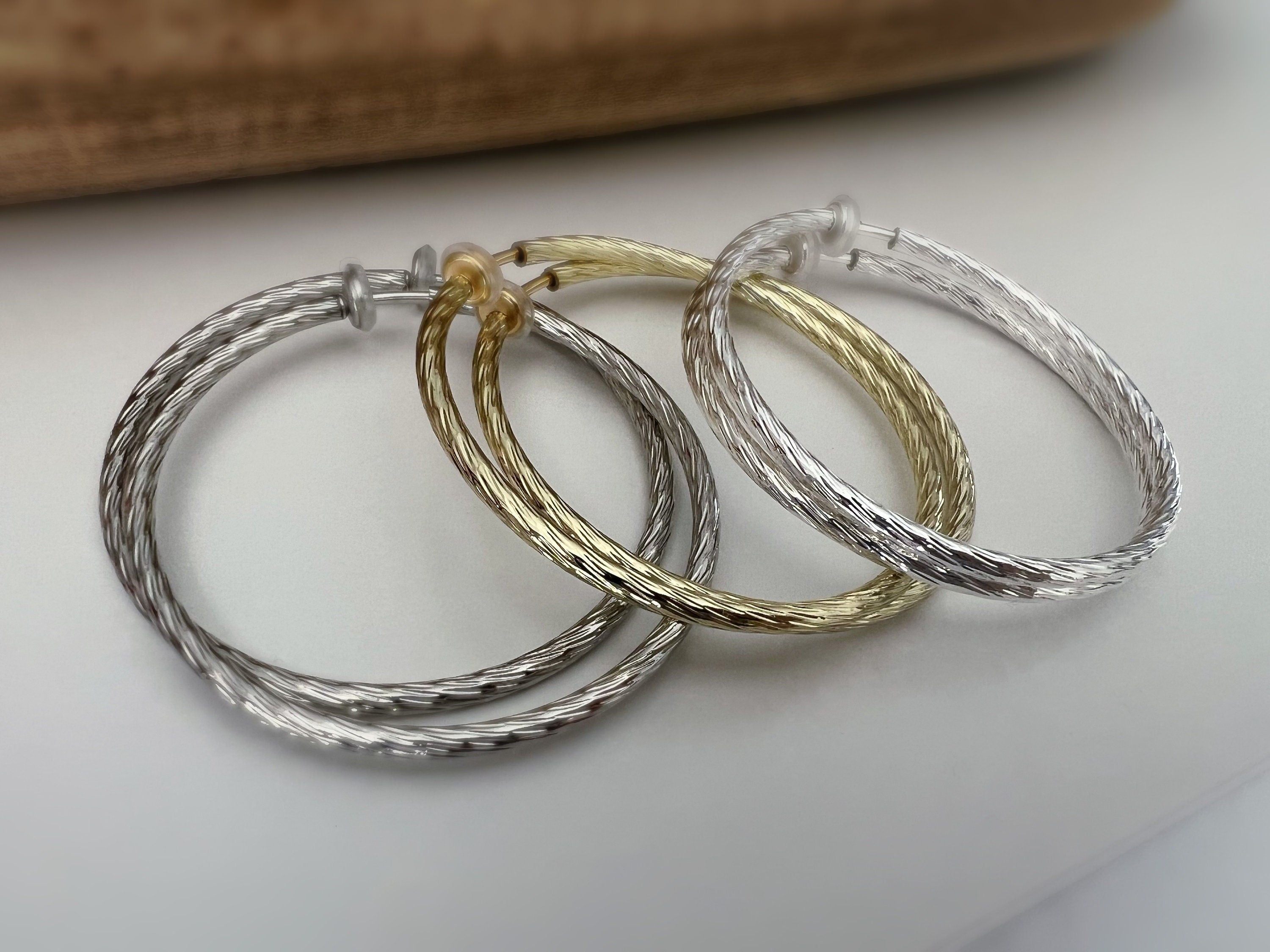 60mm Créoles Anneaux, Boucles d'oreille CLIPS Anneaux Créoles couleur Or/ Acier/ Argent, Clips d'oreilles, Diamètre du fil 3mm, Créoles 6cm
