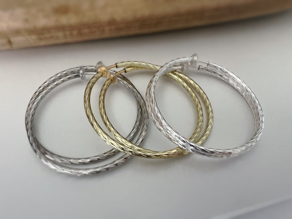 60mm Créoles Anneaux, Boucles d'oreille CLIPS Anneaux Créoles couleur Or/ Acier/ Argent, Clips d'oreilles, Diamètre du fil 3mm, Créoles 6cm