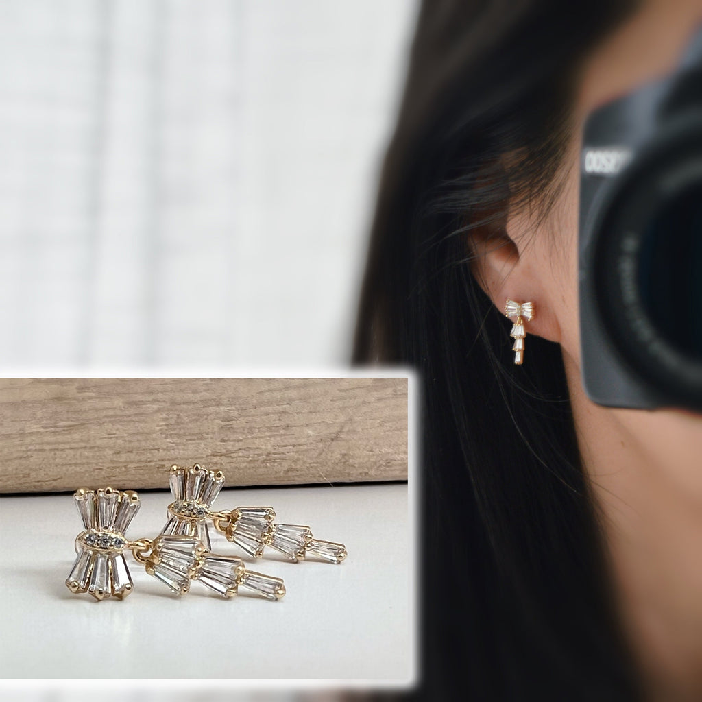 CLIPS d'oreilles invisibles pendants, Noeud de papillon zircon. Boucles d'oreilles délicat minimaliste, prêt à offrir