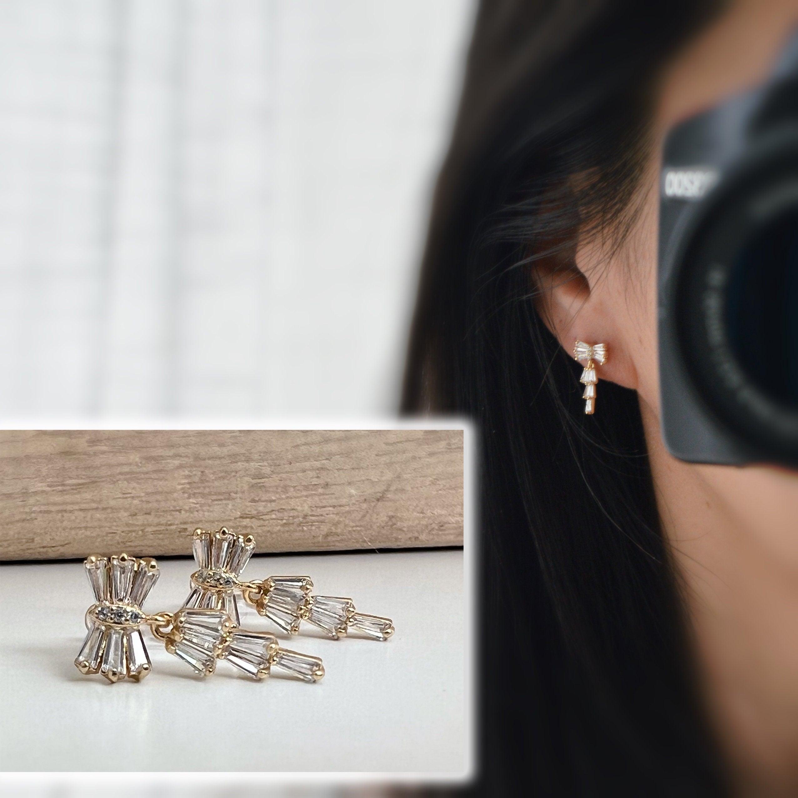 CLIPS d'oreilles invisibles pendants, Noeud de papillon zircon. Boucles d'oreilles délicat minimaliste, prêt à offrir