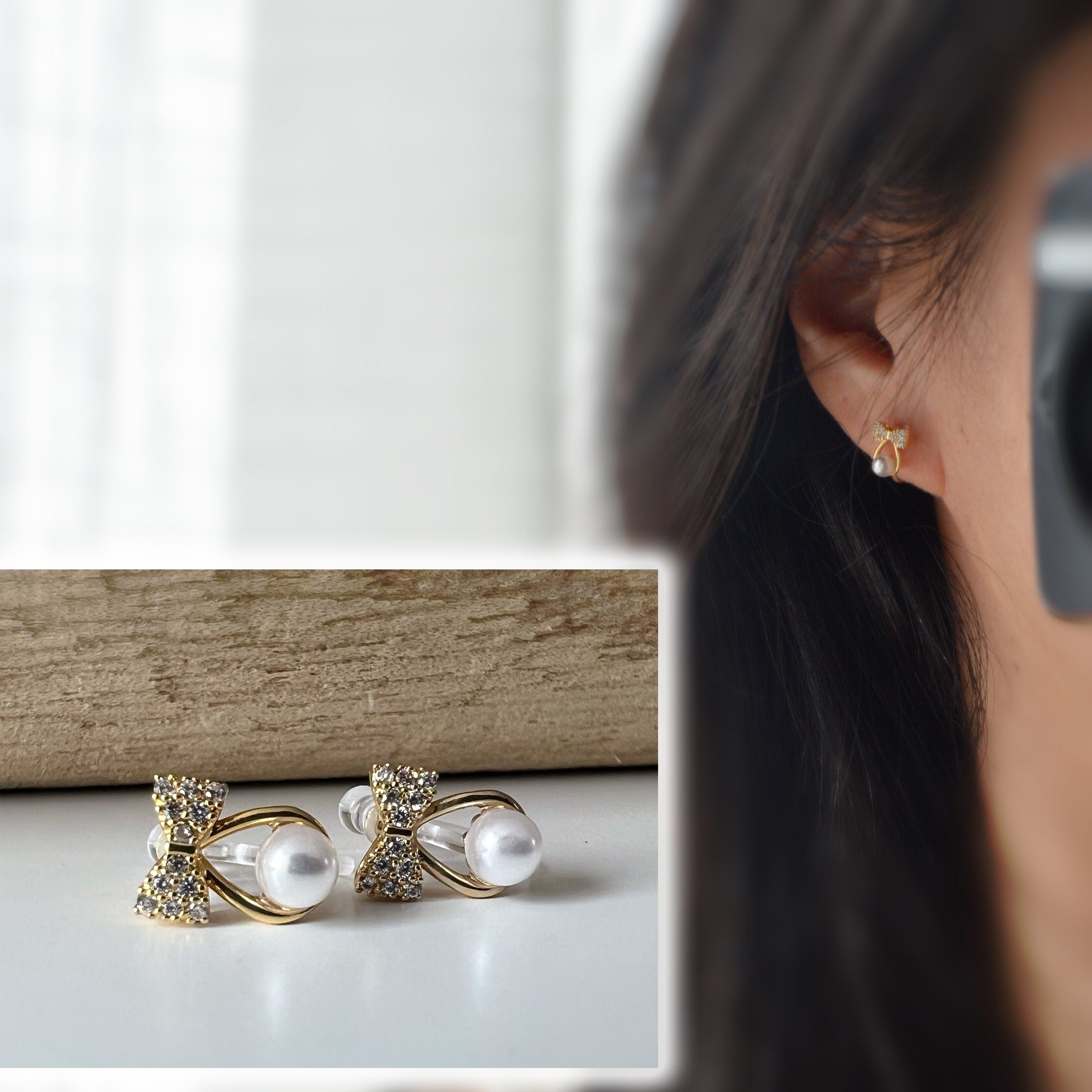 CLIPS d'oreilles invisibles, Mini Noeud de papillon zircon goutte d'eau perle blanche. Boucles d'oreilles délicat minimaliste, prêt à offrir