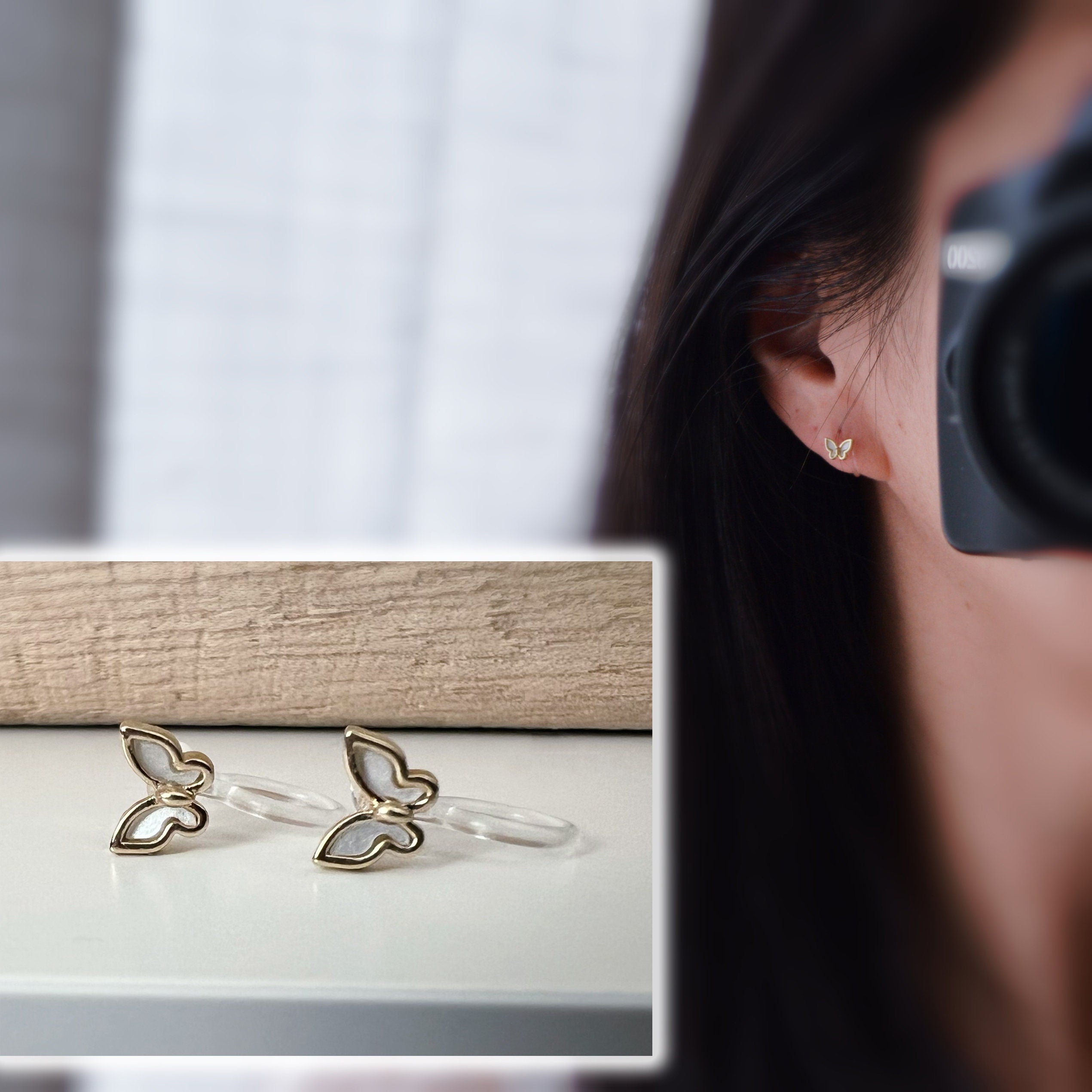 Mini CLIPS d'oreilles invisibles couleur Or petit papillon nacre blanche Boucles d'oreilles délicat minimaliste