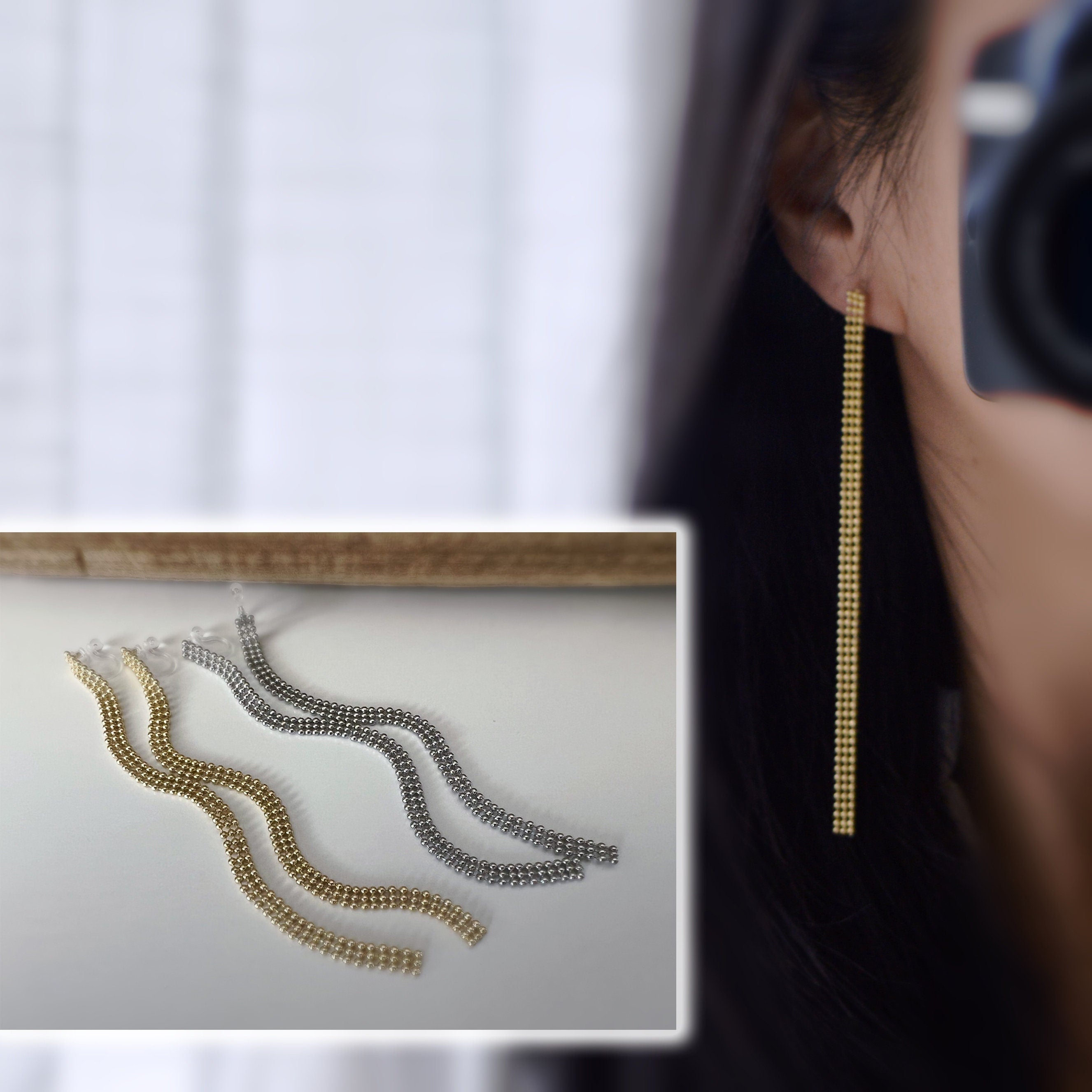 Super longues Boucles d'oreilles Clips INVISIBLES, Clips d'oreilles Chaîne Mini perles Argent / Or. Bijoux Minimaliste.