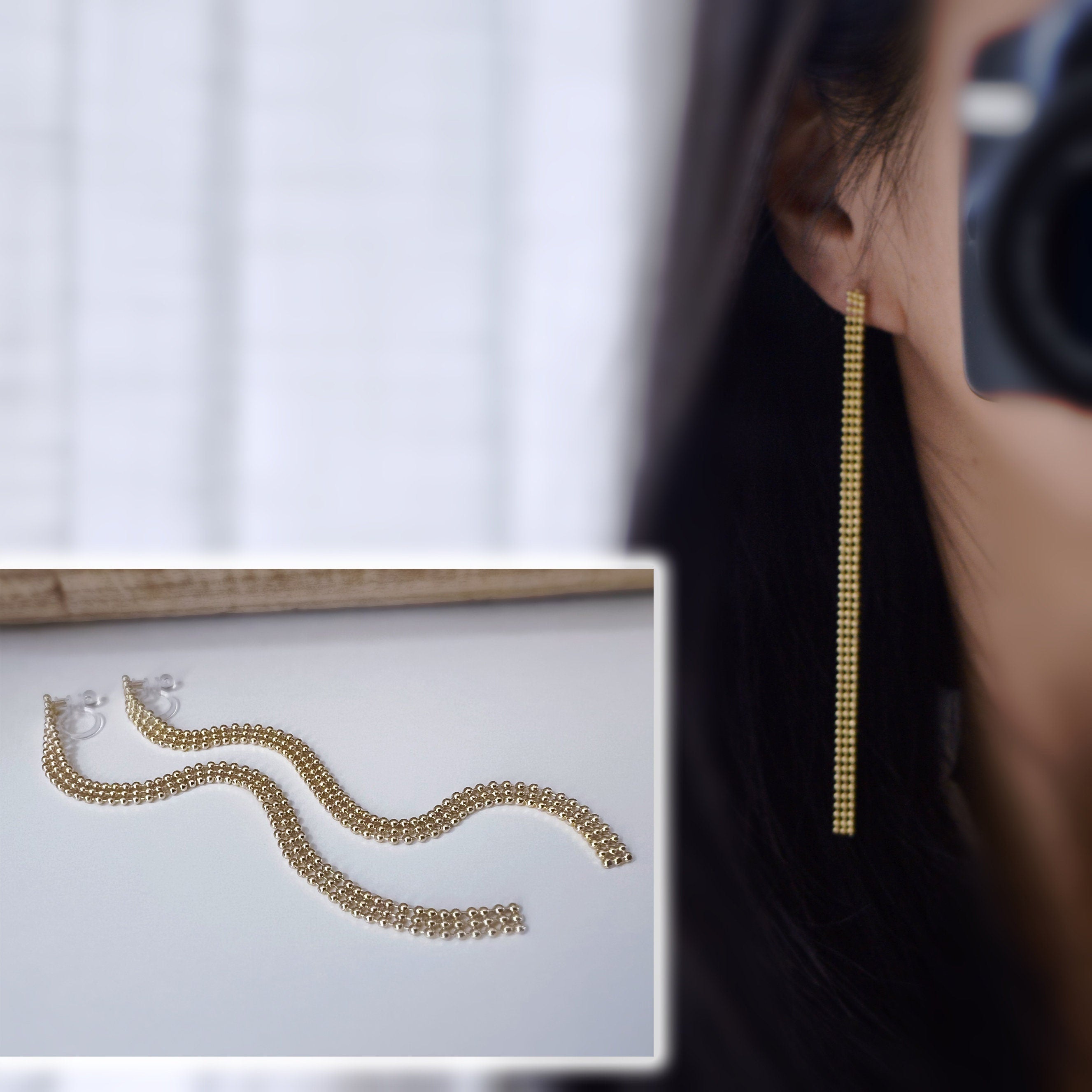 Super longues Boucles d'oreilles Clips INVISIBLES, Clips d'oreilles Chaîne Mini perles Argent / Or. Bijoux Minimaliste.