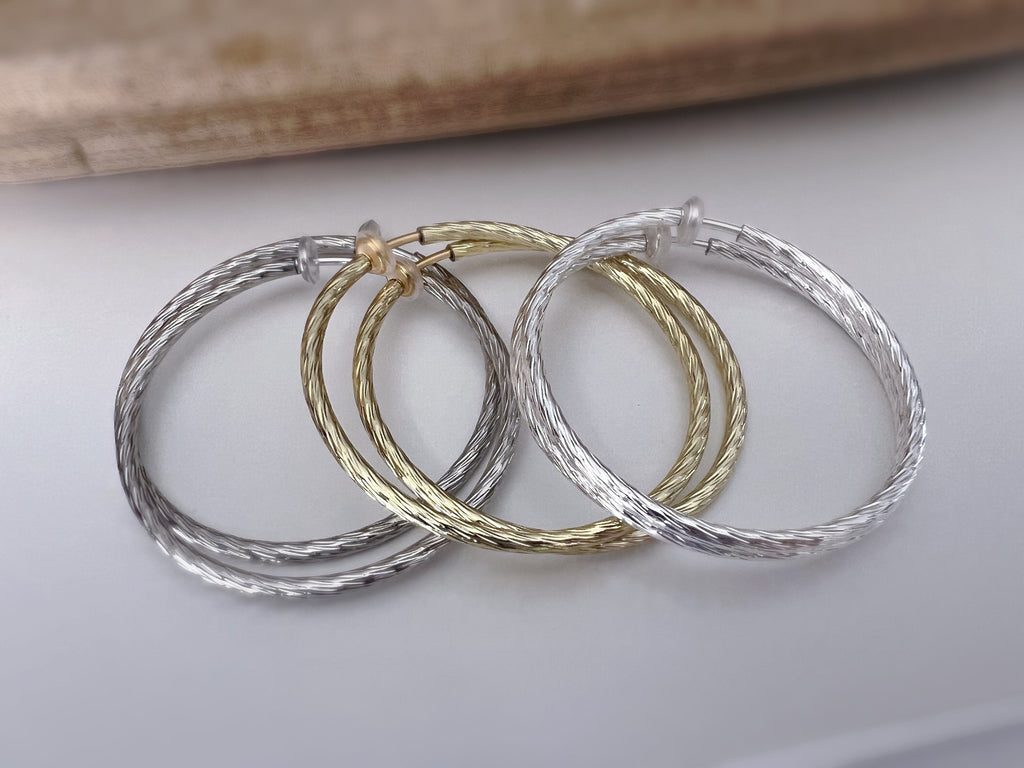 60mm Créoles Anneaux, Boucles d'oreille CLIPS Anneaux Créoles couleur Or/ Acier/ Argent, Clips d'oreilles, Diamètre du fil 3mm, Créoles 6cm