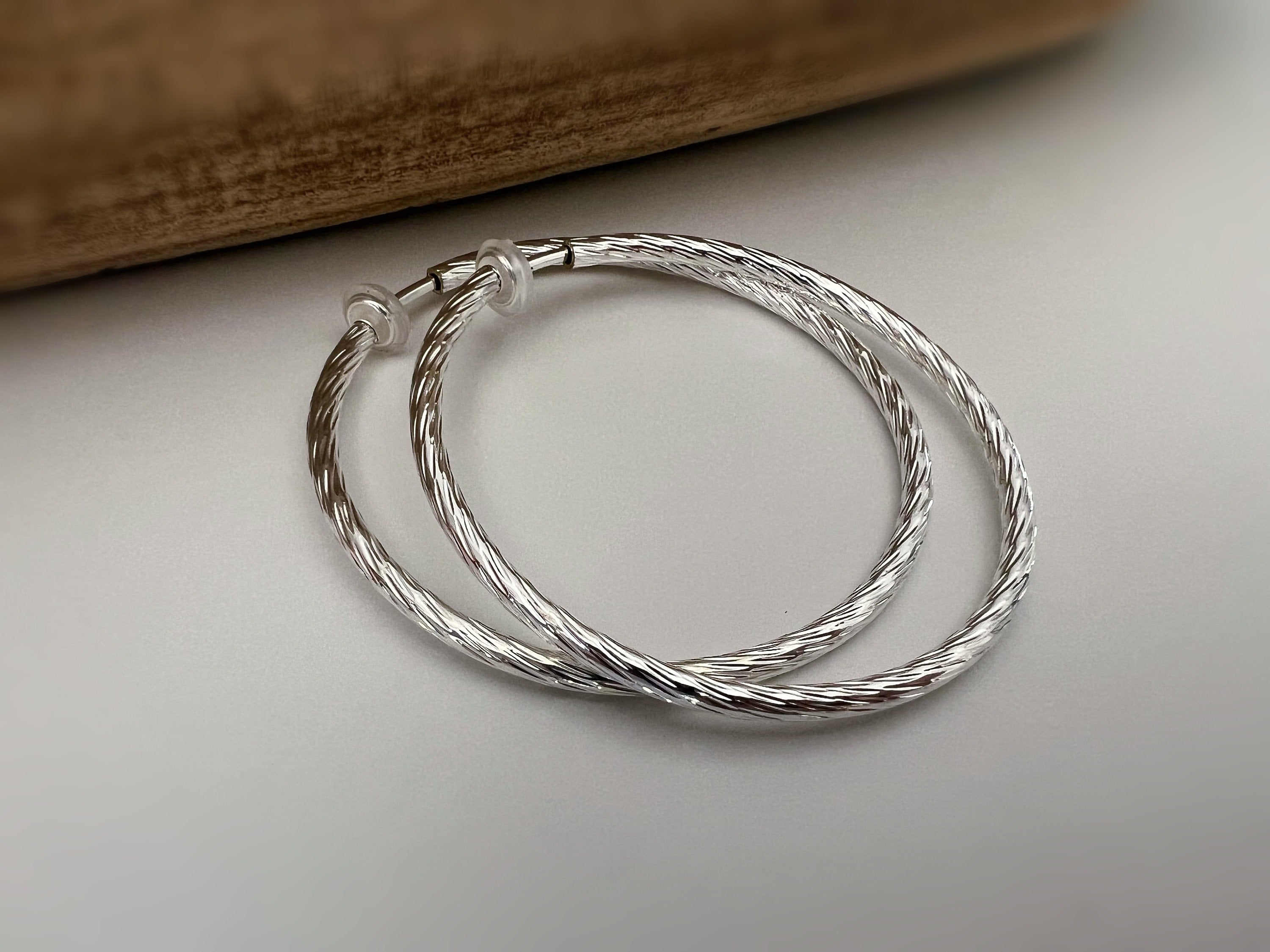 60mm Créoles Anneaux, Boucles d'oreille CLIPS Anneaux Créoles couleur Or/ Acier/ Argent, Clips d'oreilles, Diamètre du fil 3mm, Créoles 6cm